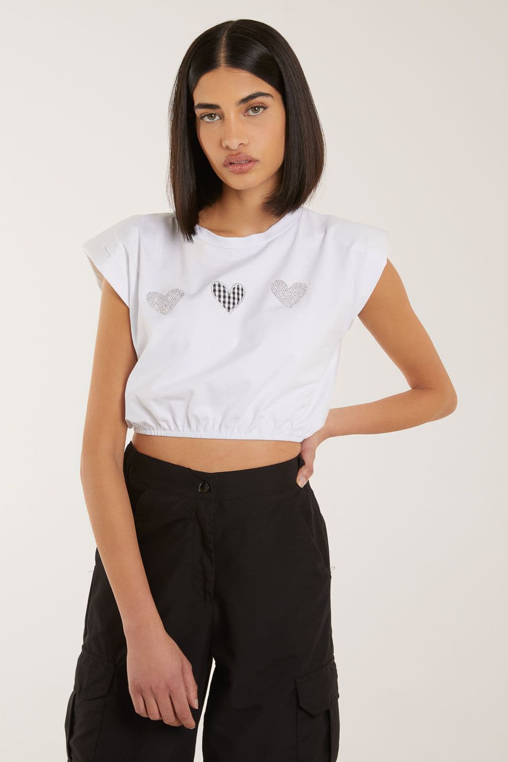 Pink Vanilla Women's Glitter Heart Crop Top in White
