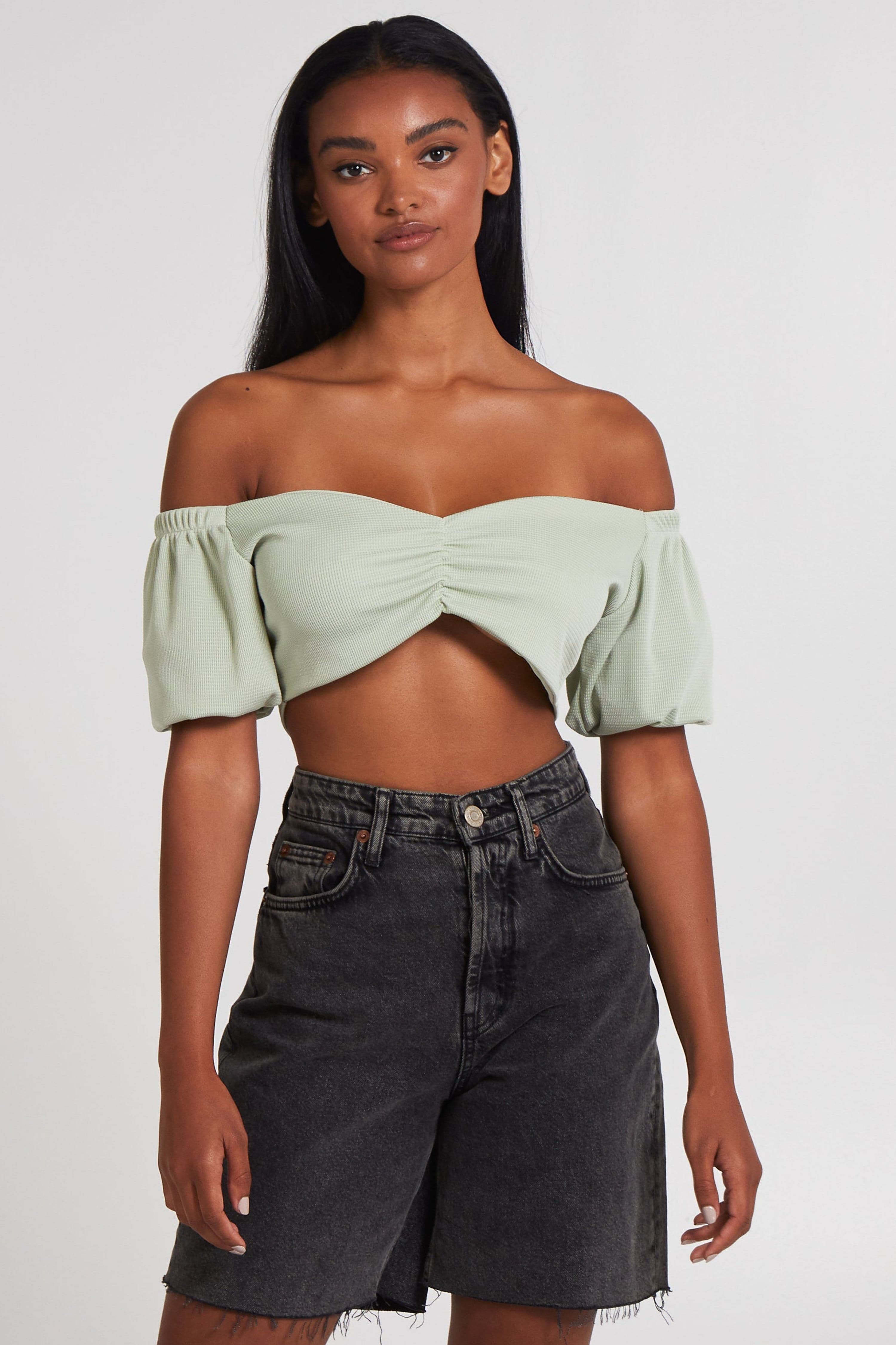 Pink Vanilla Women's Pale Green Waffle Rib Ruched Crop Top