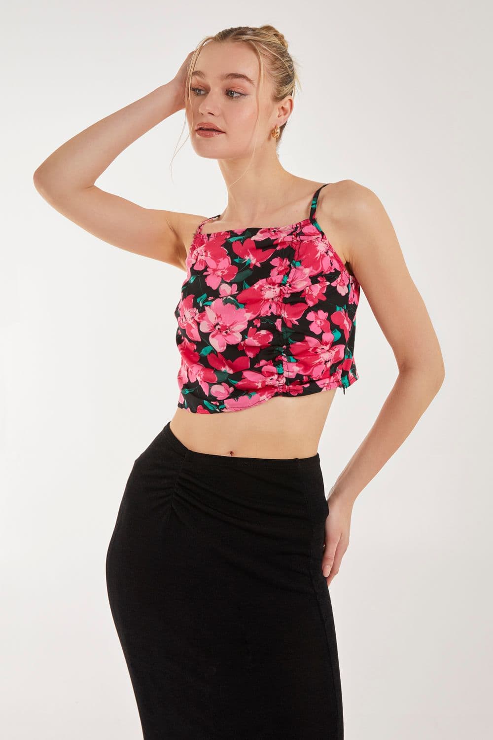 Pink Vanilla Women's Floral Ruched Cami Top in Pink