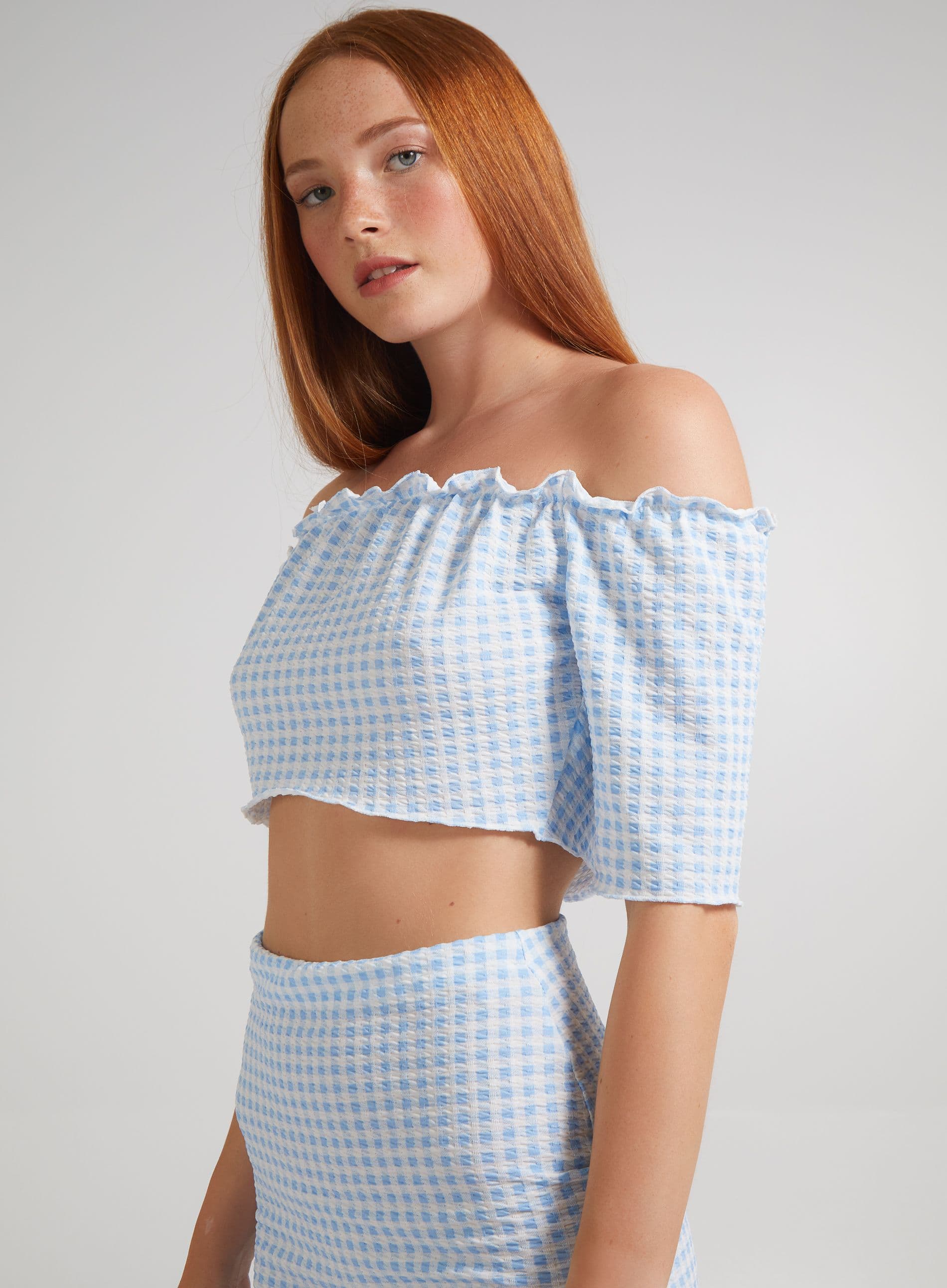 Pink Vanilla Women's Frill Detail Gingham Bardot Top in Blue