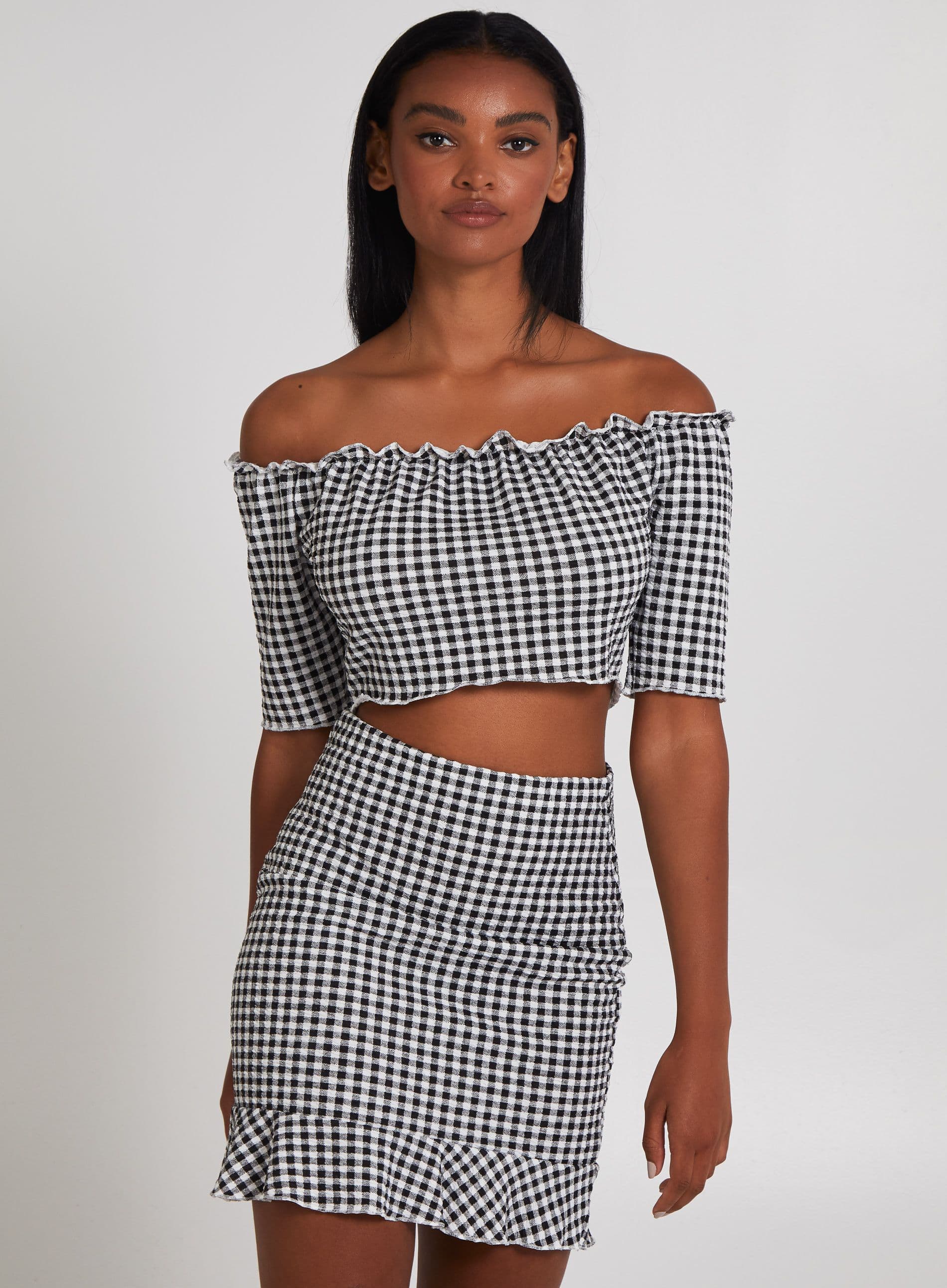 Pink Vanilla Women's Frill Detail Gingham Bardot Top in Black