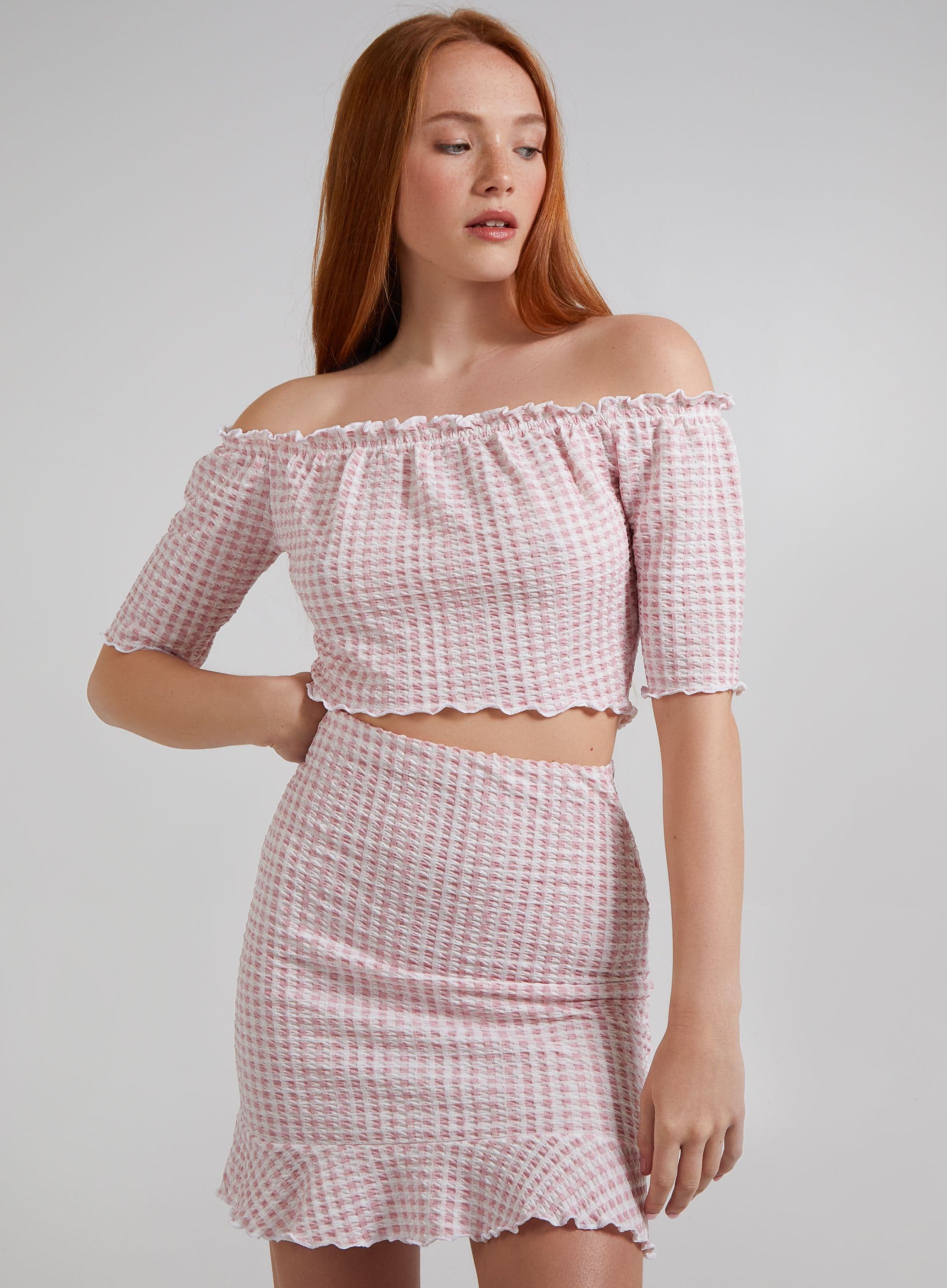 Pink Vanilla Women's Frill Detail Gingham Bardot Top in Pink