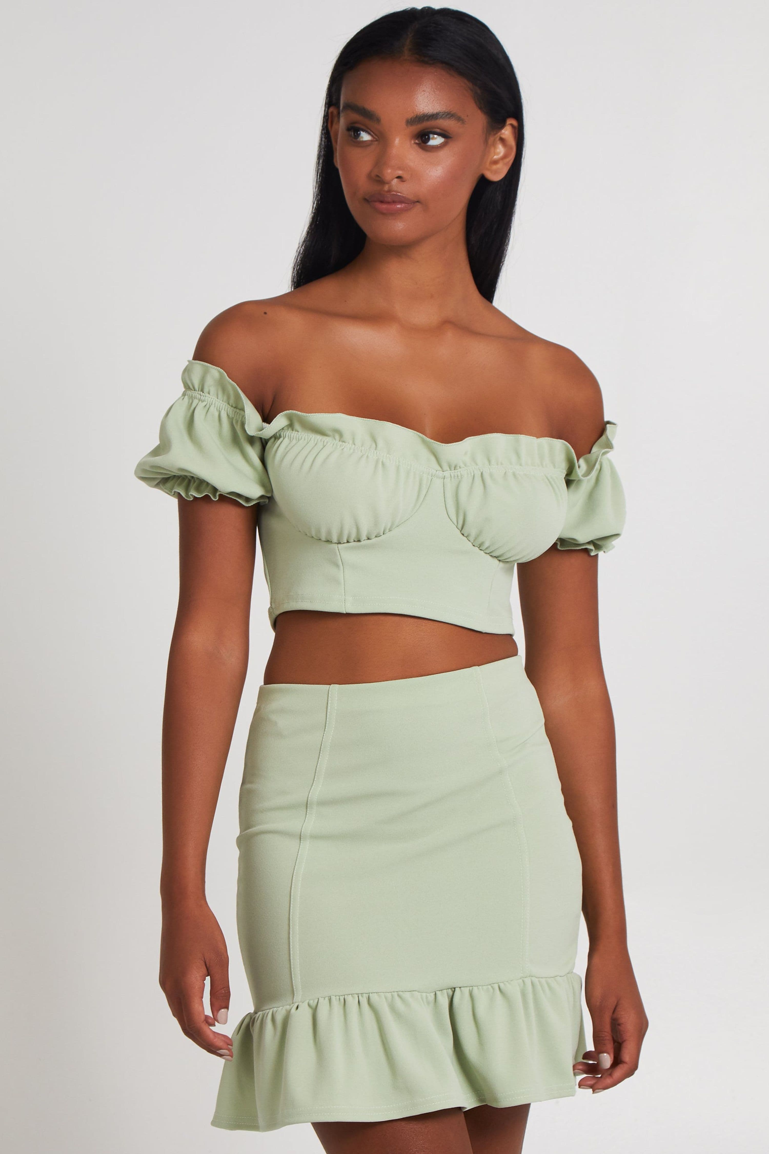 Pink Vanilla Women's Pale Green Frill Detail Milkmaid Top