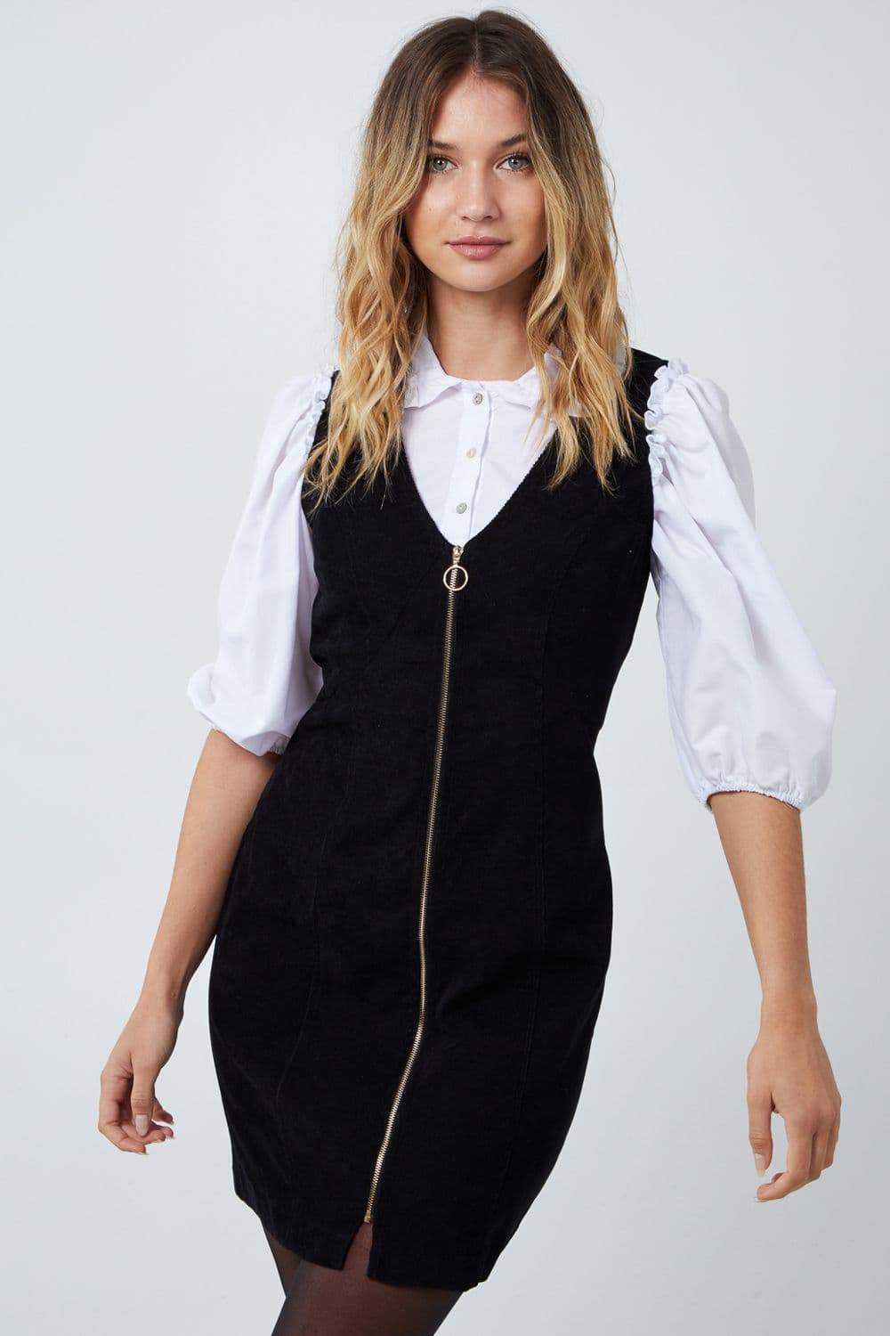 Pink Vanilla Women's Zip Through Corduroy Dress in Black