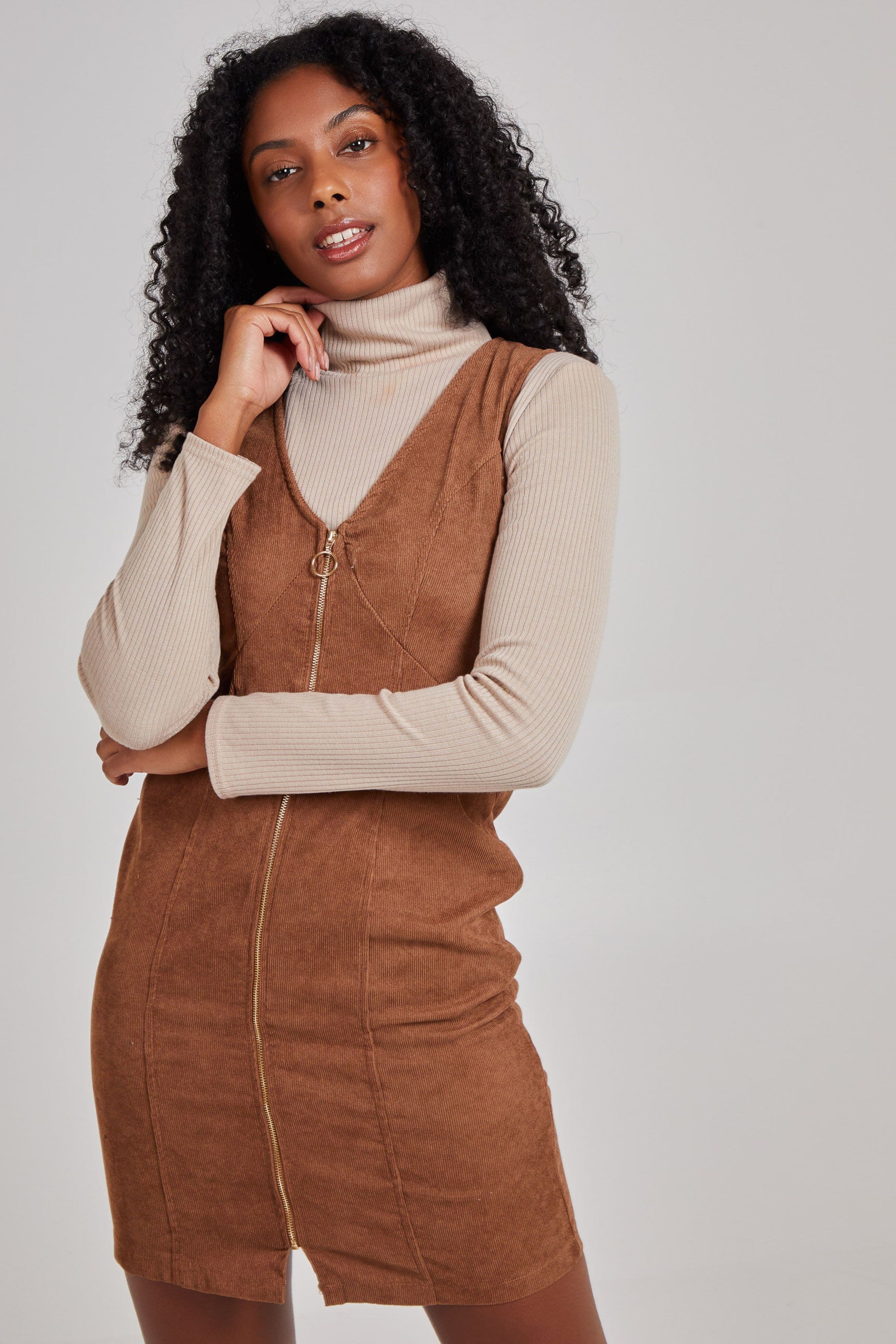 Pink Vanilla Women's Light Tan Zip Through Cord Dress