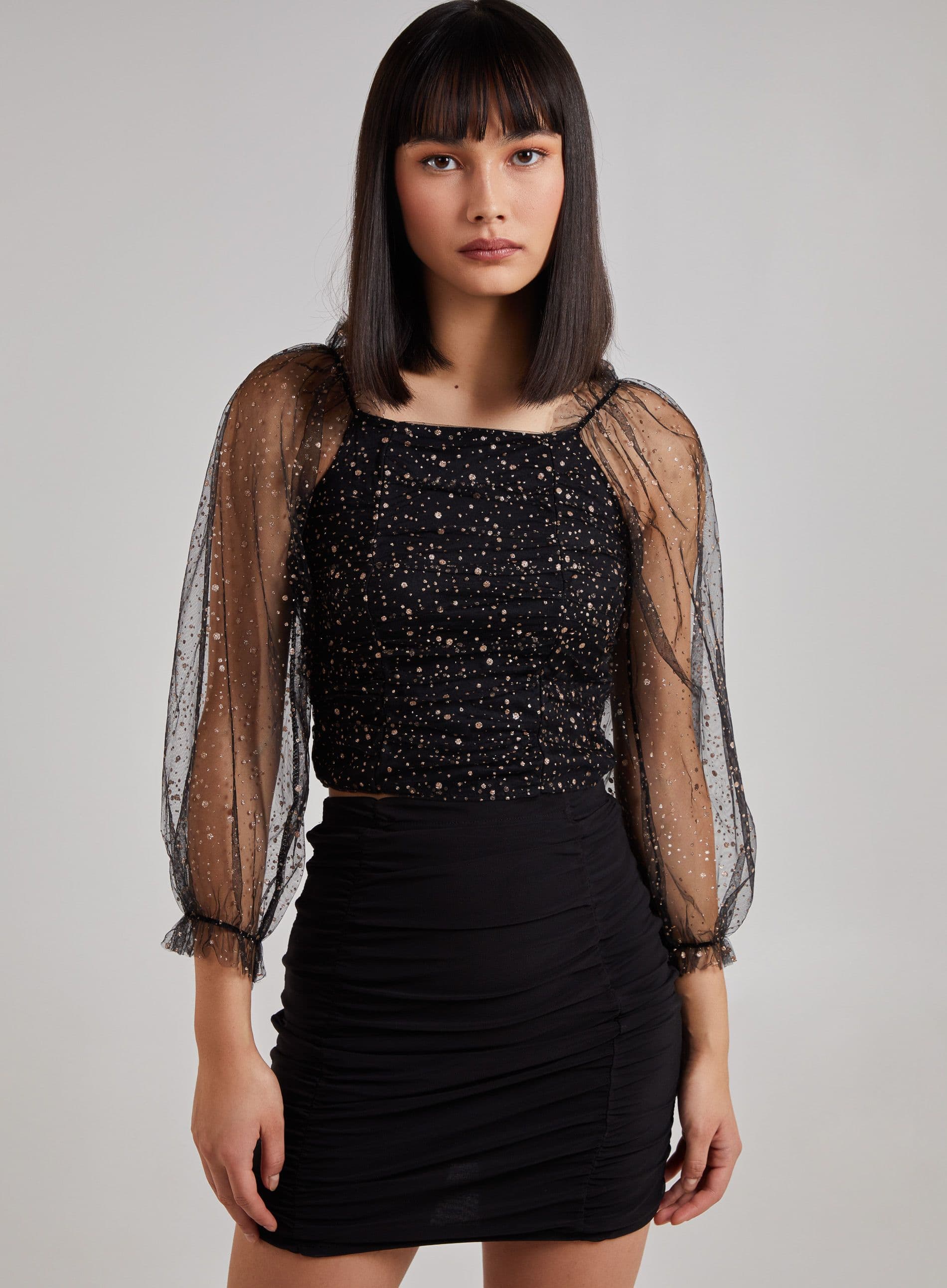 Pink Vanilla Women's Glitter Ruched Top With Sheer Balloon Sleeve in Black