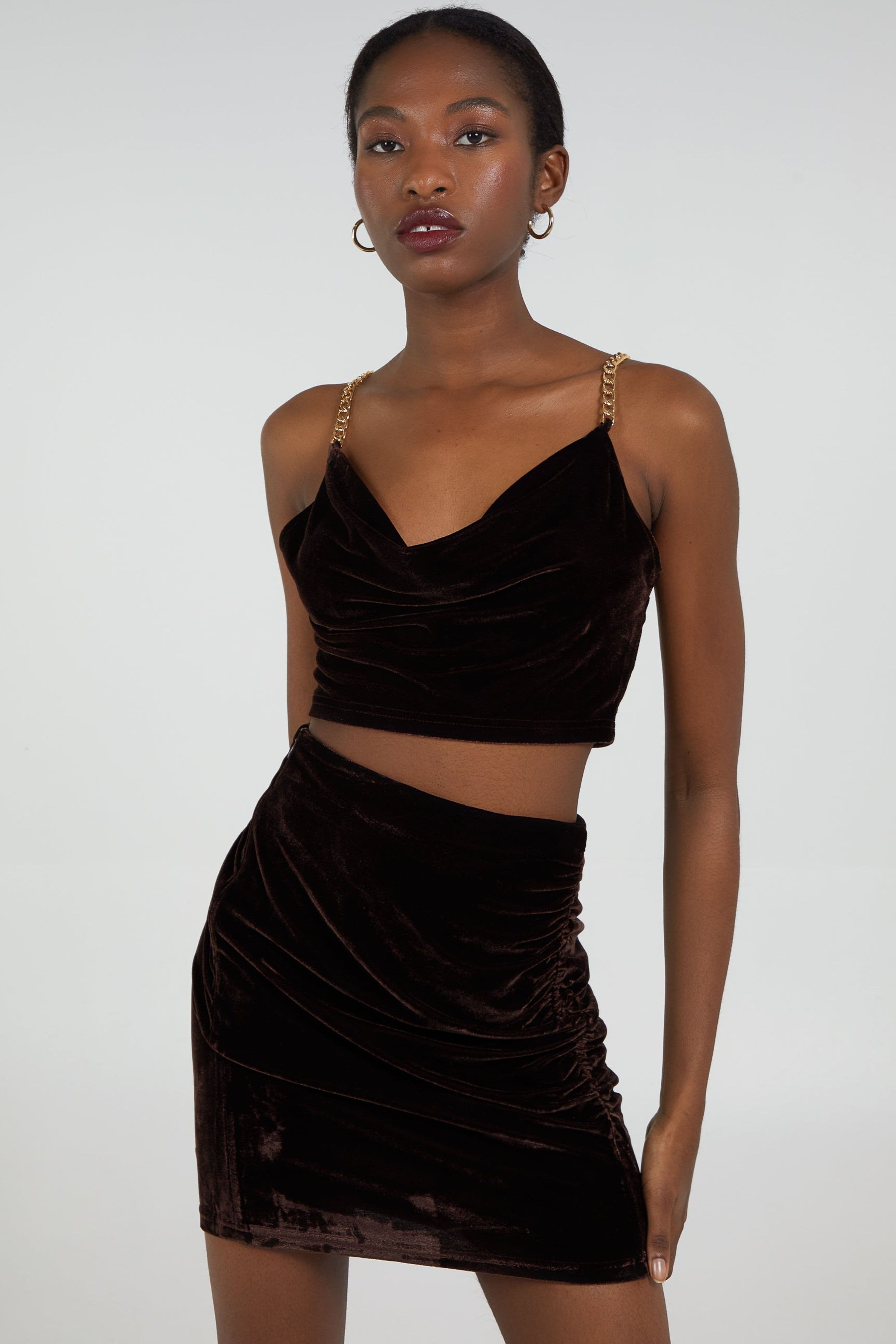 Pink Vanilla Women's Brown Velvet Chain Detail Crop Top