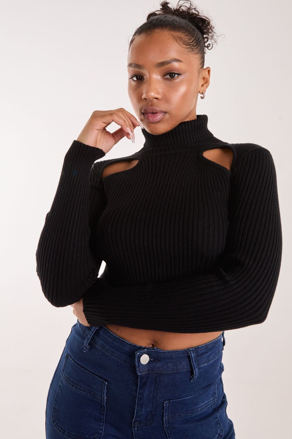 Pink Vanilla Women's Ribbed Roll Neck Jumper With Cut Out Detail in Black