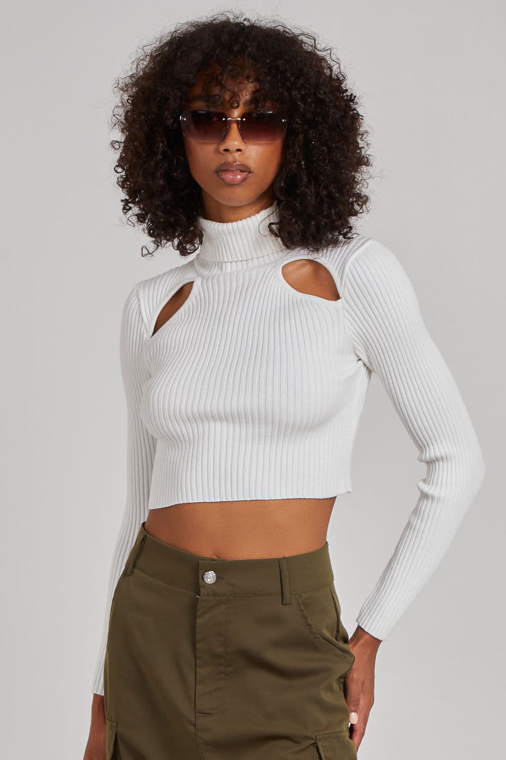 Pink Vanilla Women's Ribbed Roll Neck Jumper With Cut Out Detail in Ivory