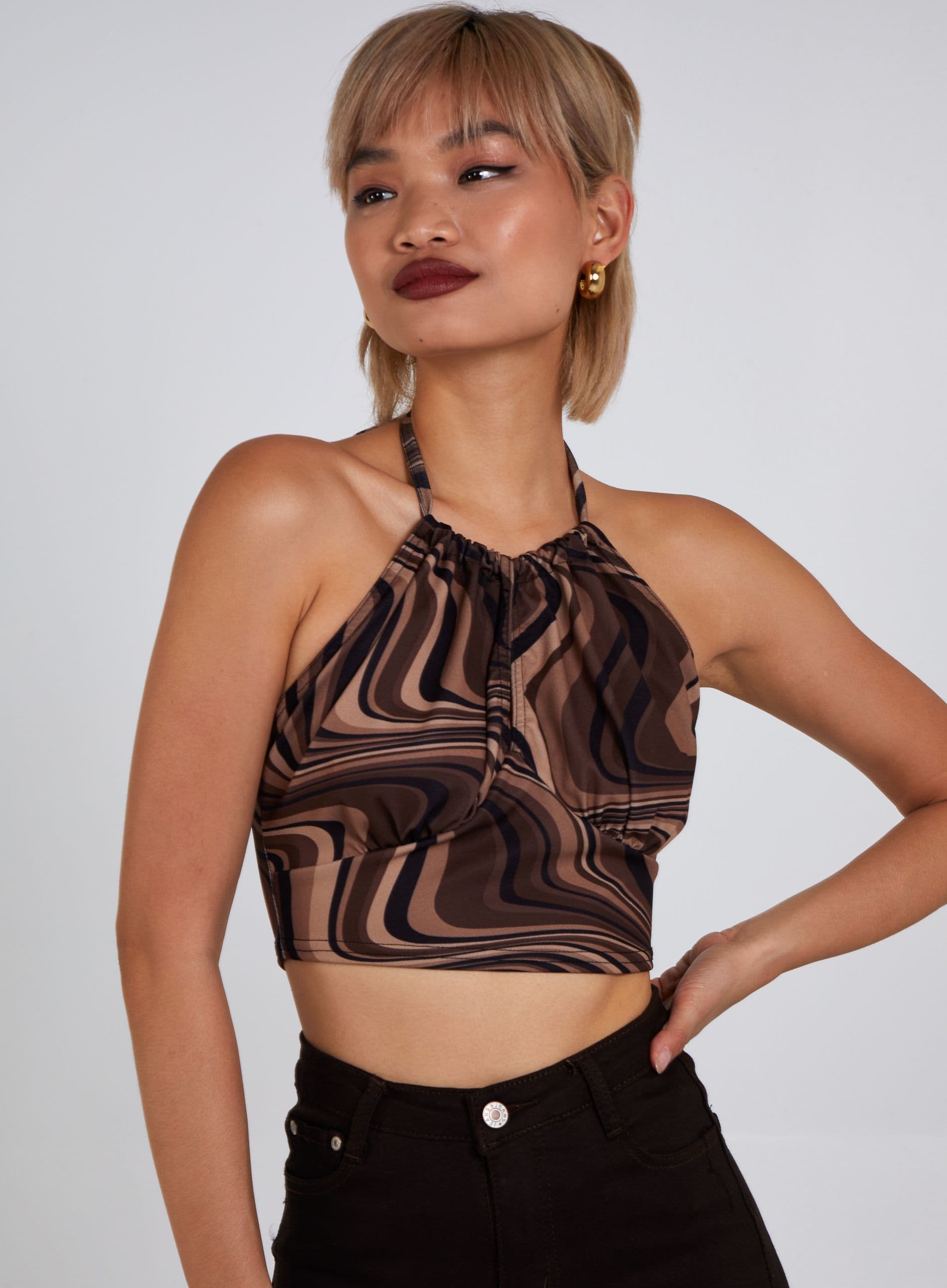 Pink Vanilla Women's Halter Neck Marble Print Top in Chocolate