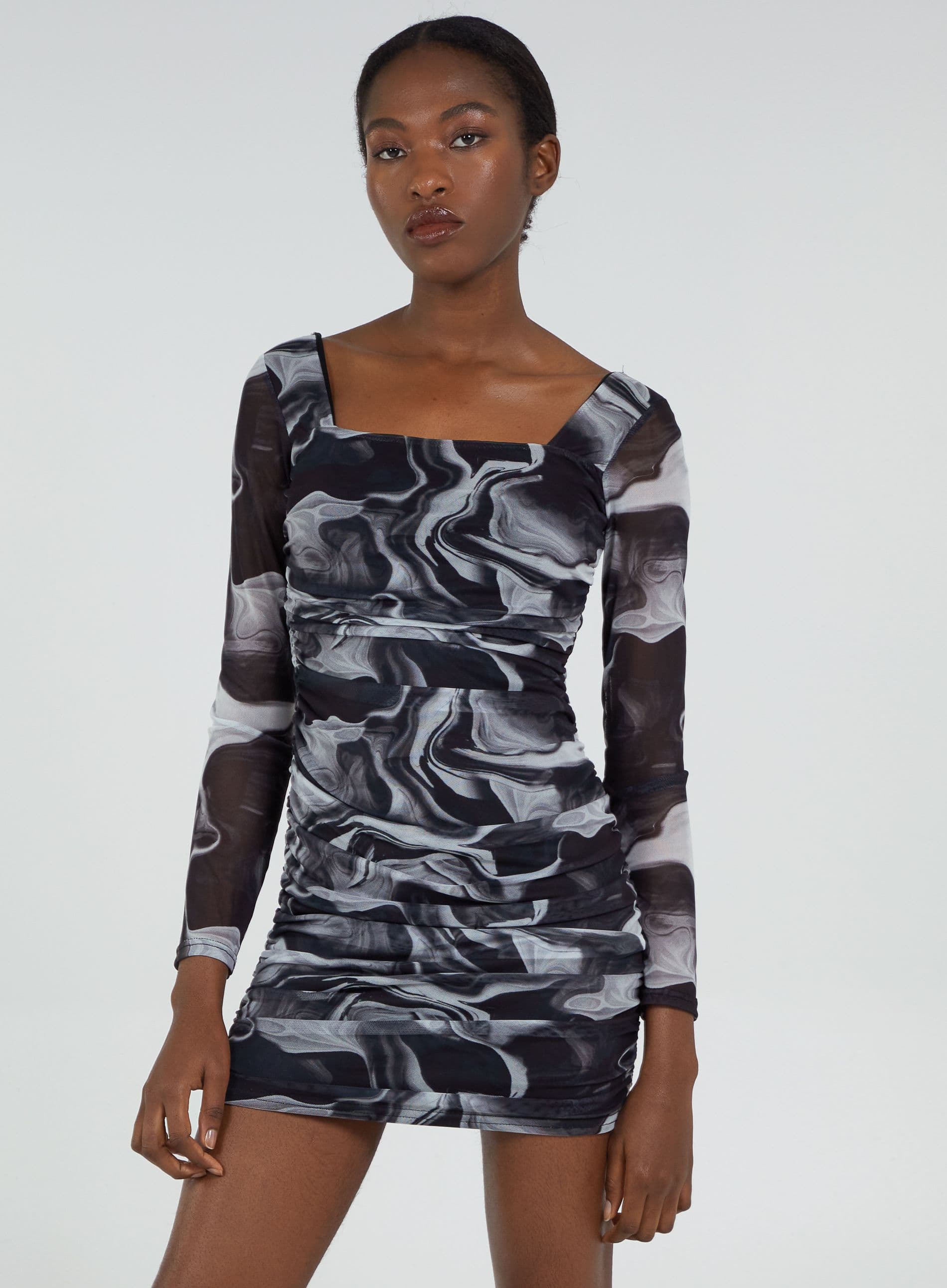 Pink Vanilla Women's Mesh Marble Long Sleeve Mini Dress in Black