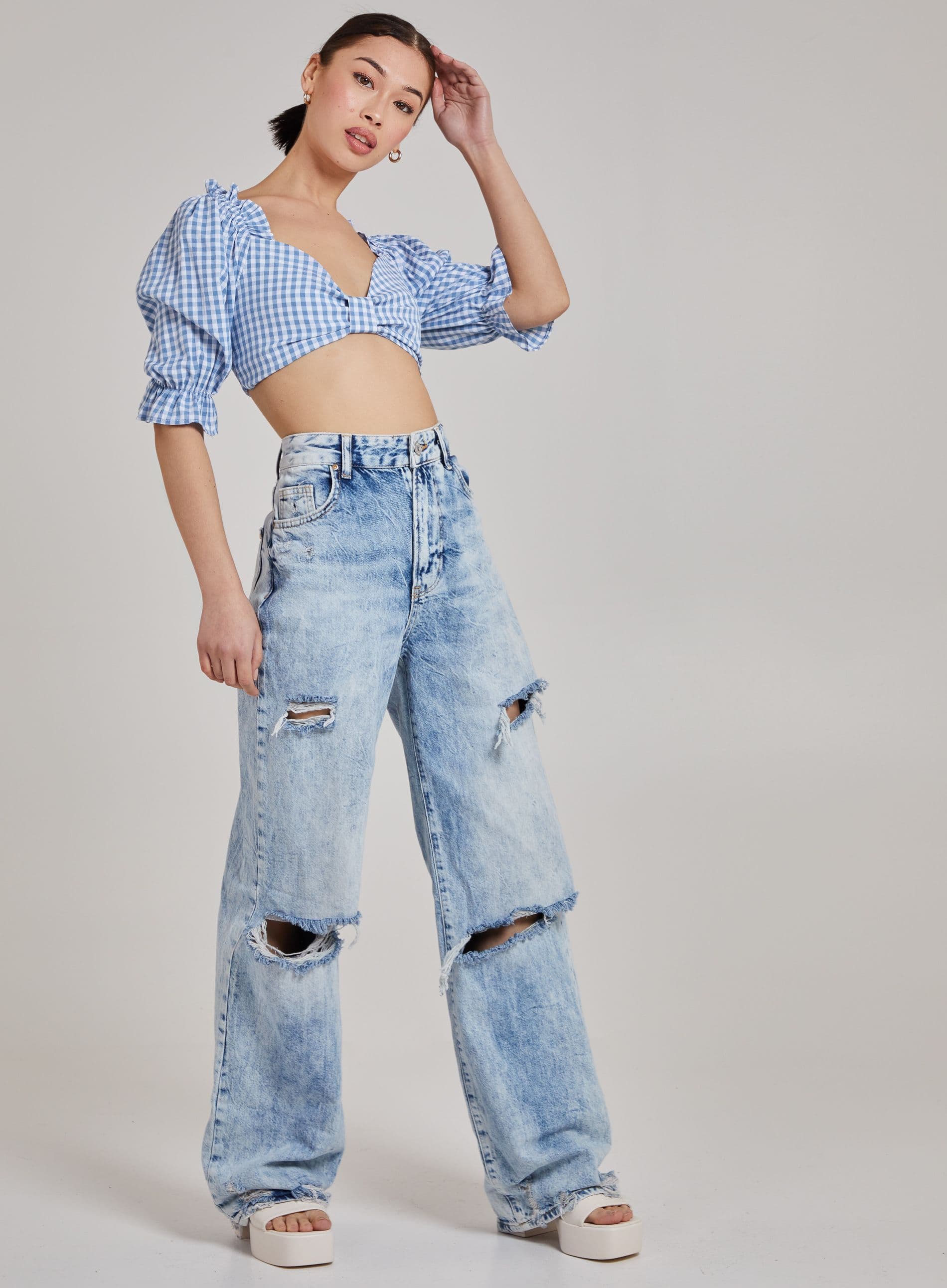 Pink Vanilla Women's Cropped Check Top in Blue