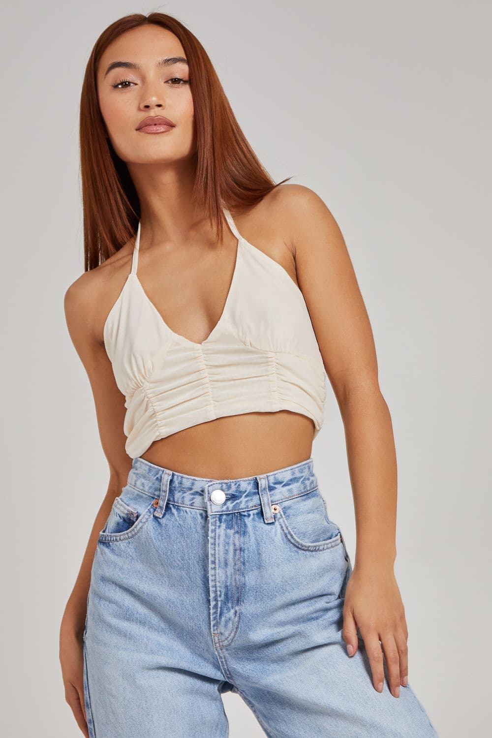 Pink Vanilla Women's Halterneck Cross Over Mesh Bralette in Ivory