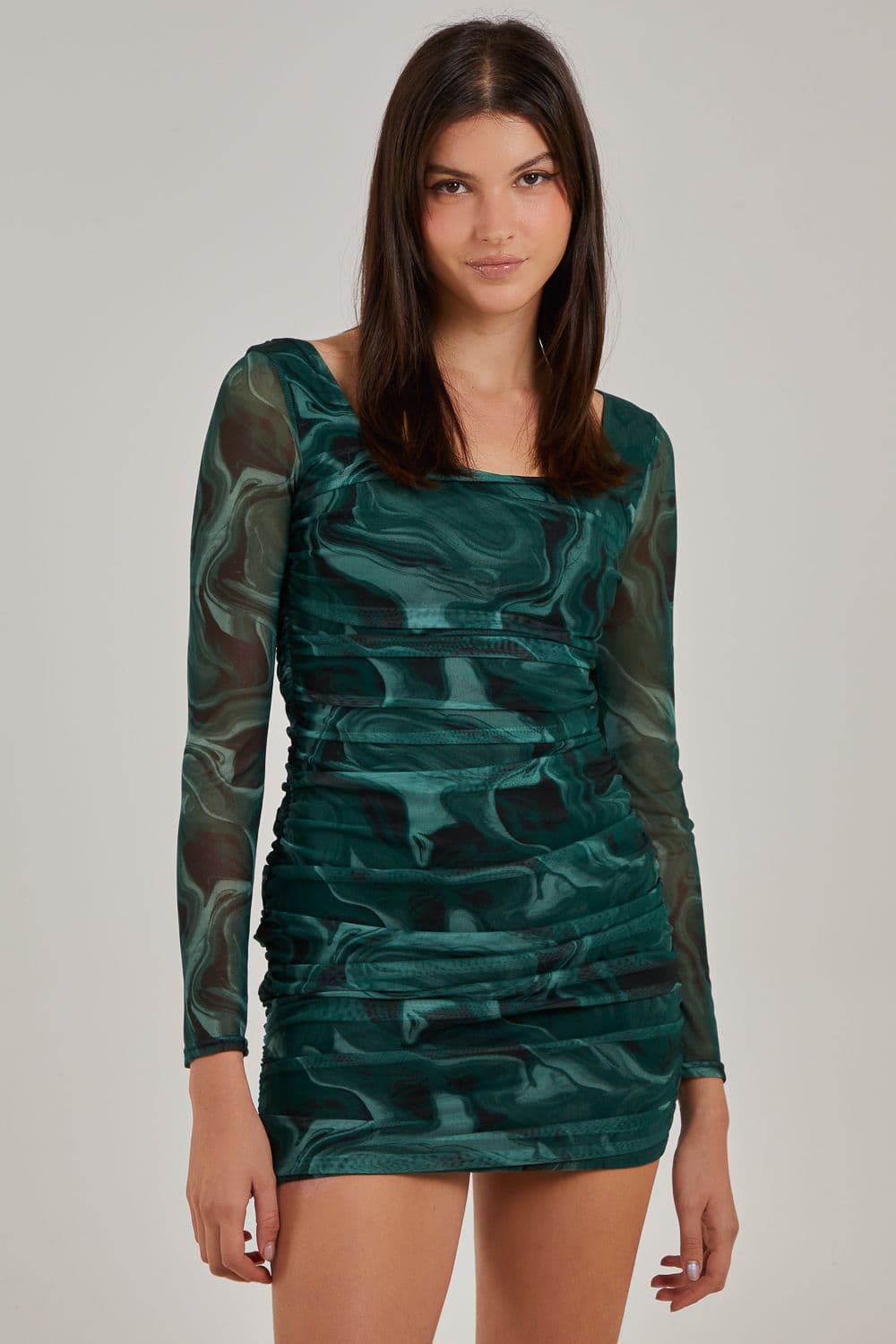Pink Vanilla Women's Mesh Marble Long Sleeve Mini Dress in Green