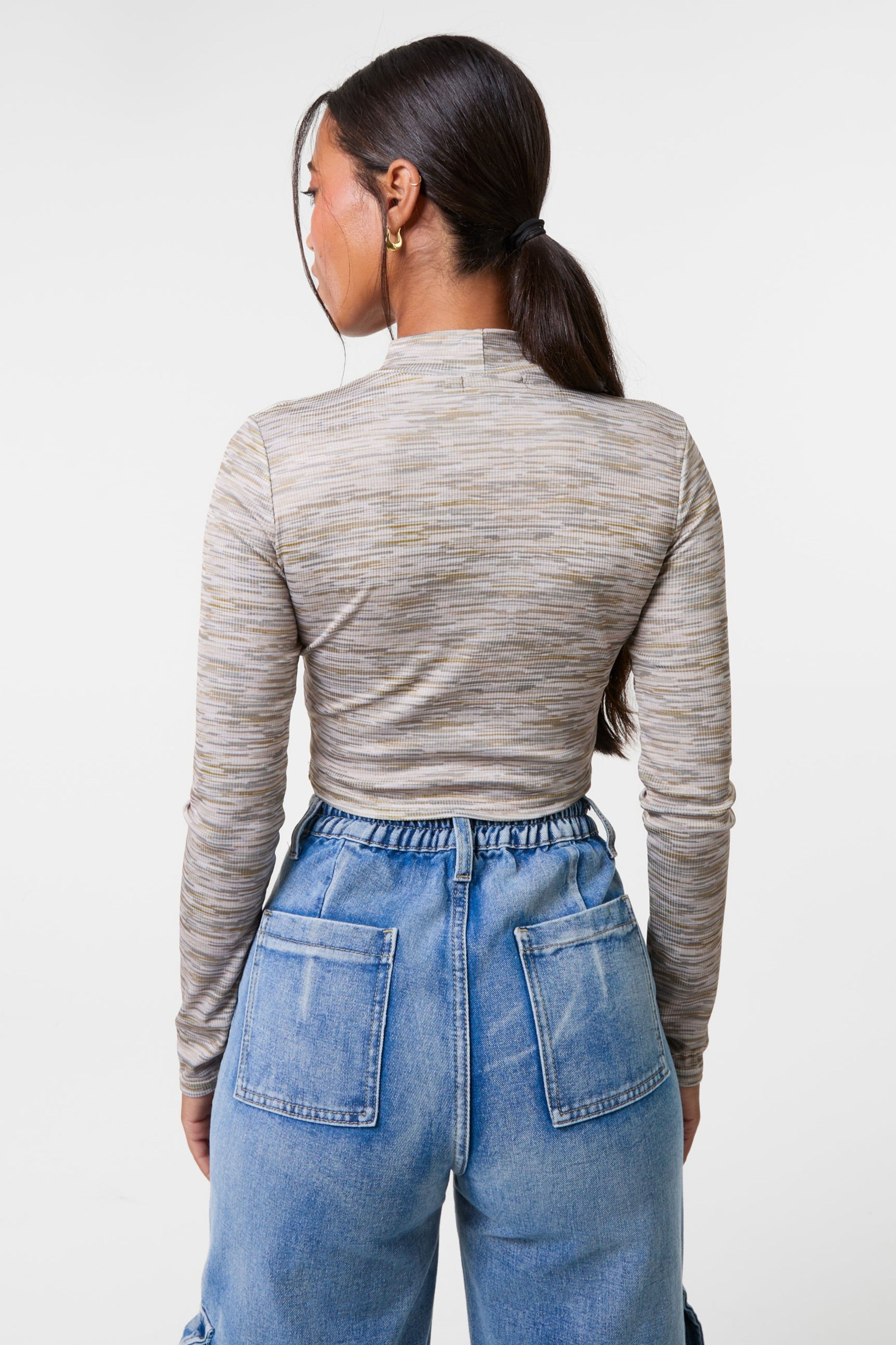 Pink Vanilla Women's Khaki Space Dye High Neck Long Sleeves Crop Top