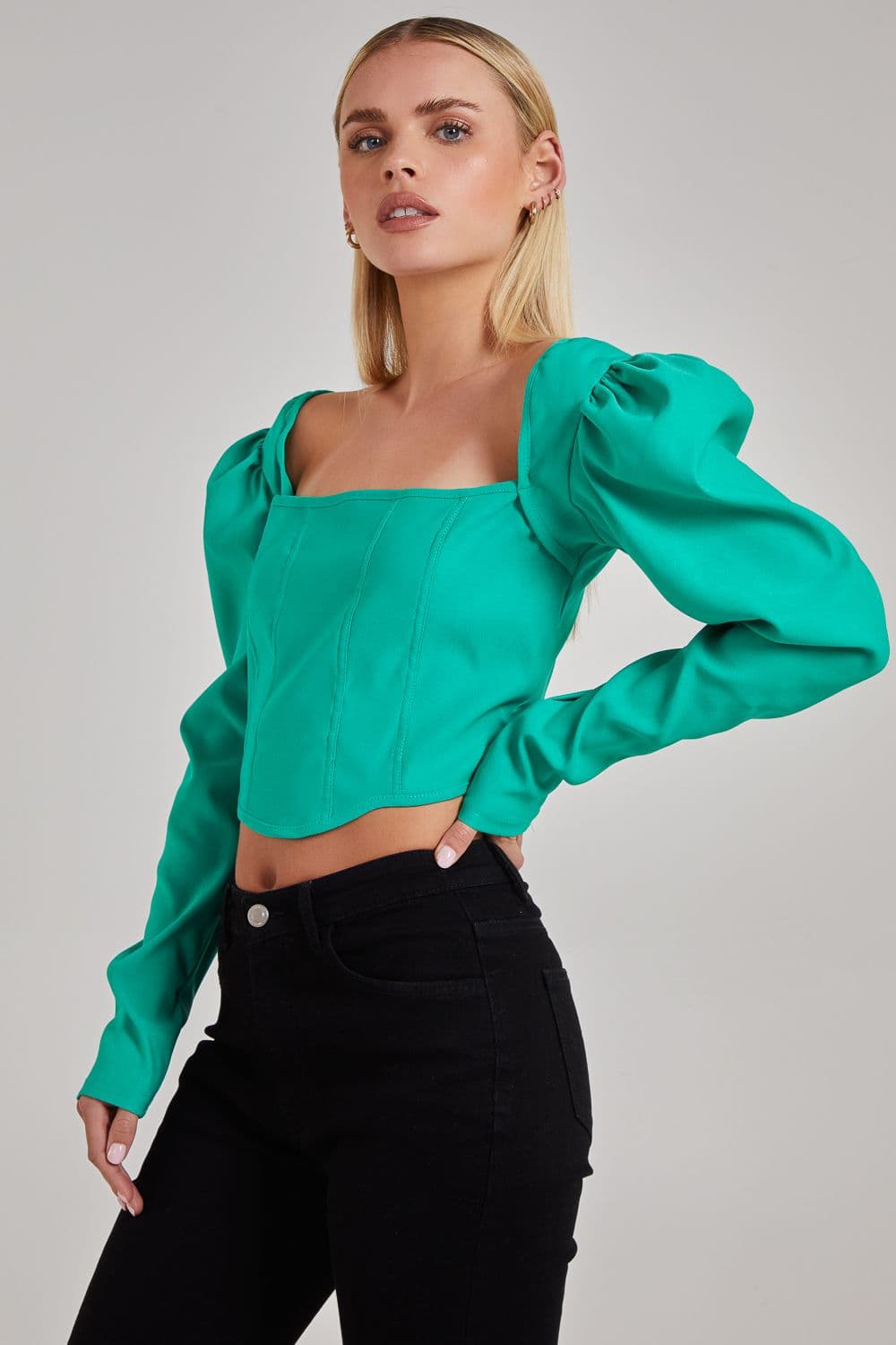Pink Vanilla Women's Bengaline Long Sleeve Corset Top in Green