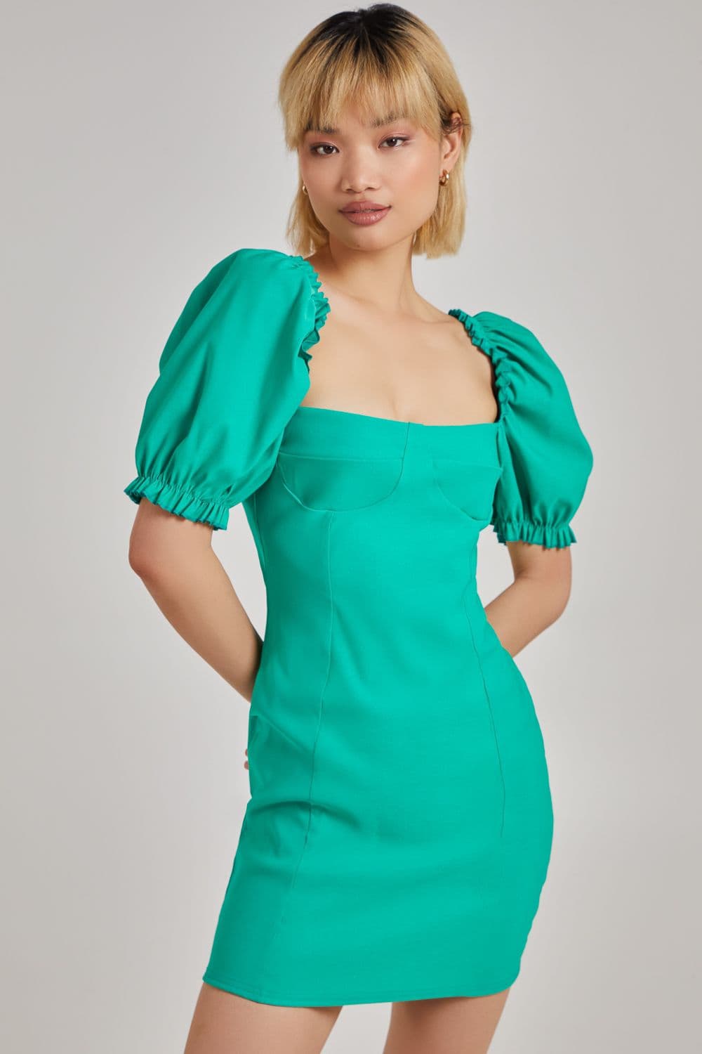 Pink Vanilla Women's Bengline Corset Frill Detail Mini Dress in Green