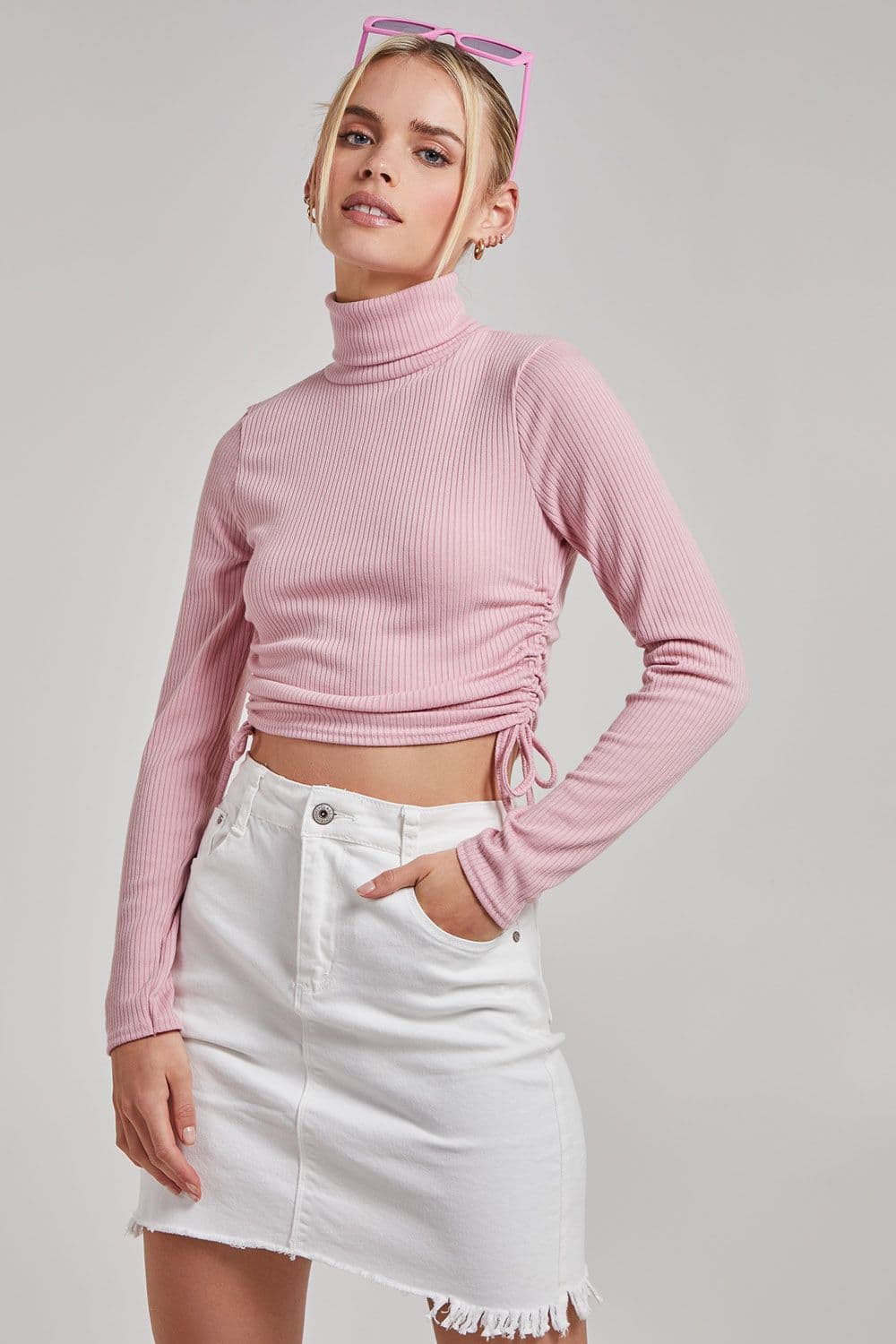 Pink Vanilla Women's Ruched Crop Ribbed Top in Pink