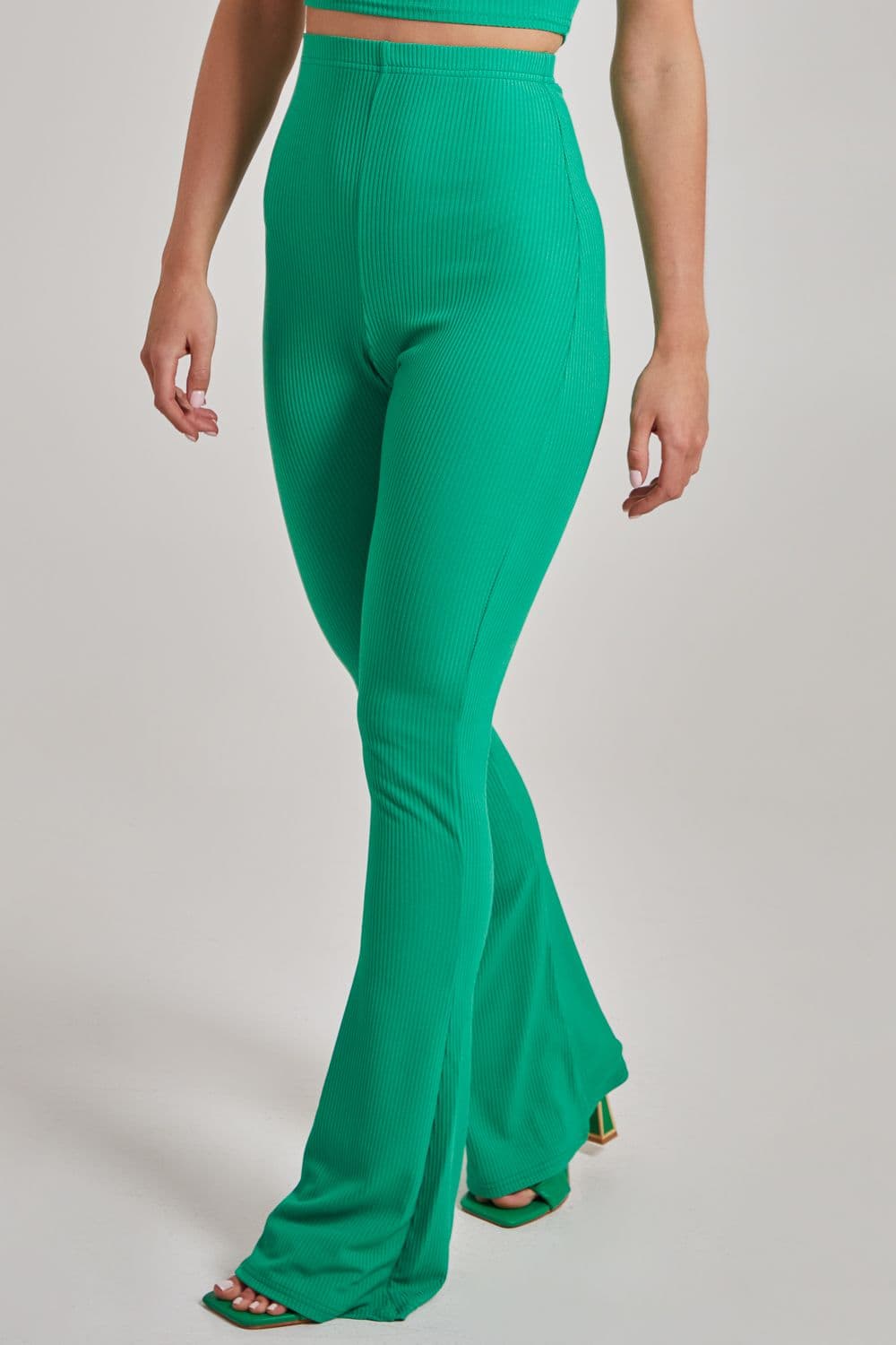 Pink Vanilla Women's Ribbed Flare Trousers in Green