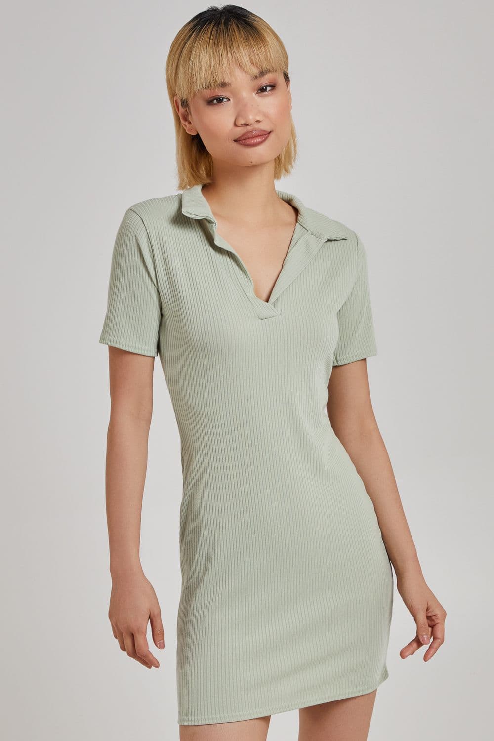 Pink Vanilla Women's Short Sleeve Collar Neck Rib Mini Dress in Green