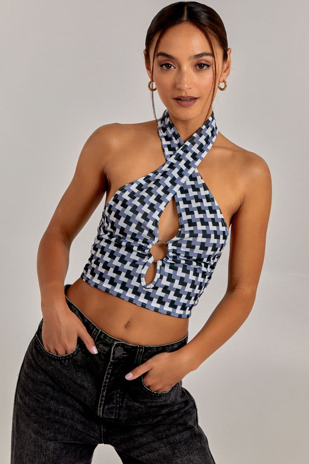 Pink Vanilla Women's Geometric Print Cut Out Halterneck Top in Black