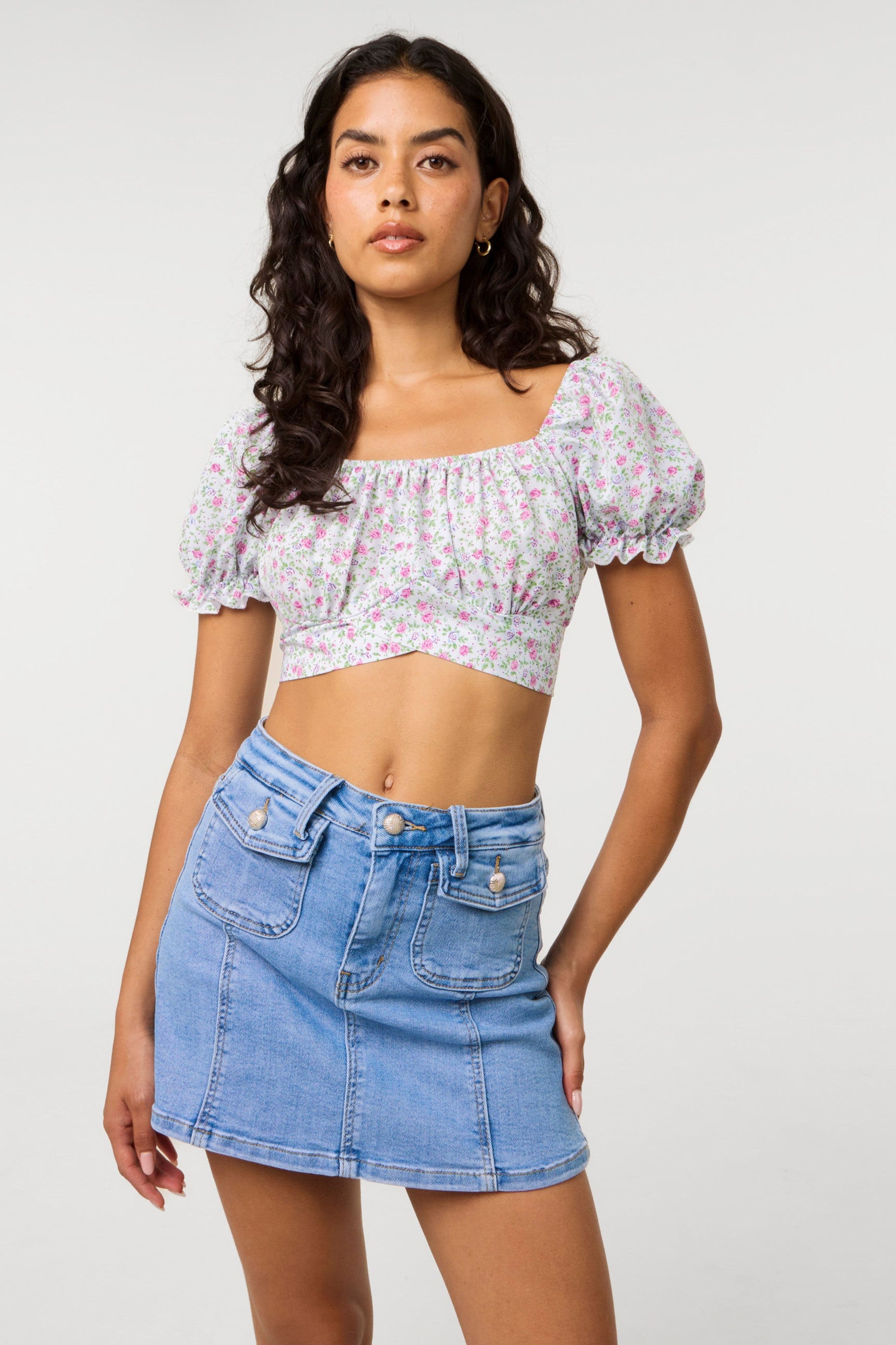 Pink Vanilla Women's Blue Floral Puff Sleeve Tied Top