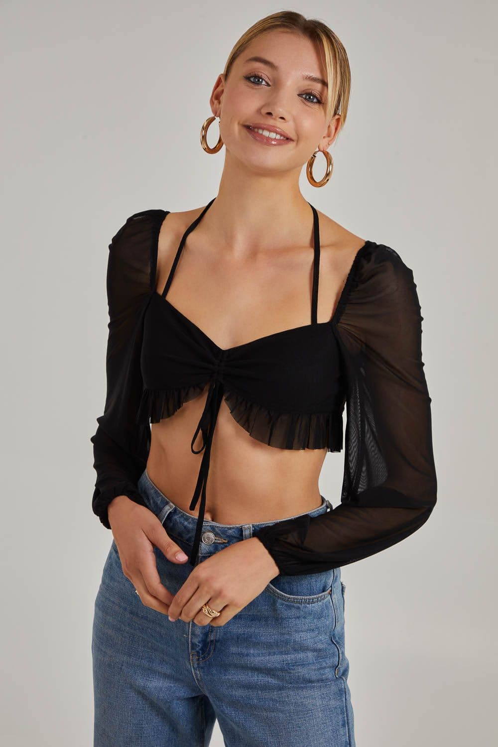 Pink Vanilla Women's Long Sleeve Halterneck Crop Top in Black