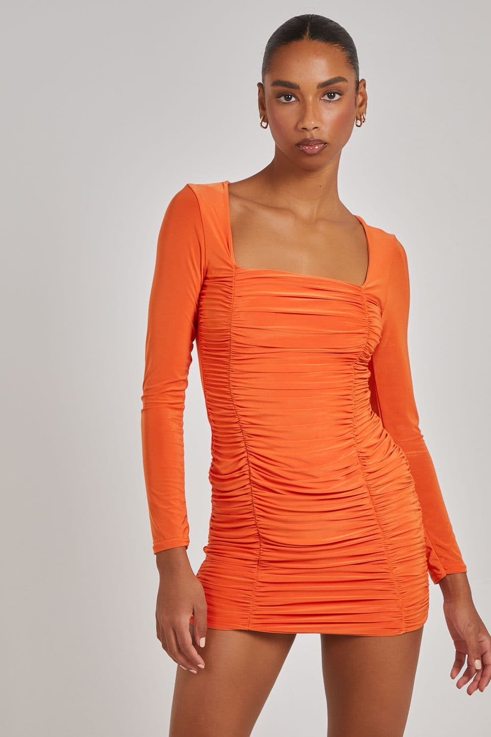 Pink Vanilla Women's Long Sleeve Gathered Mini Dress in Orange