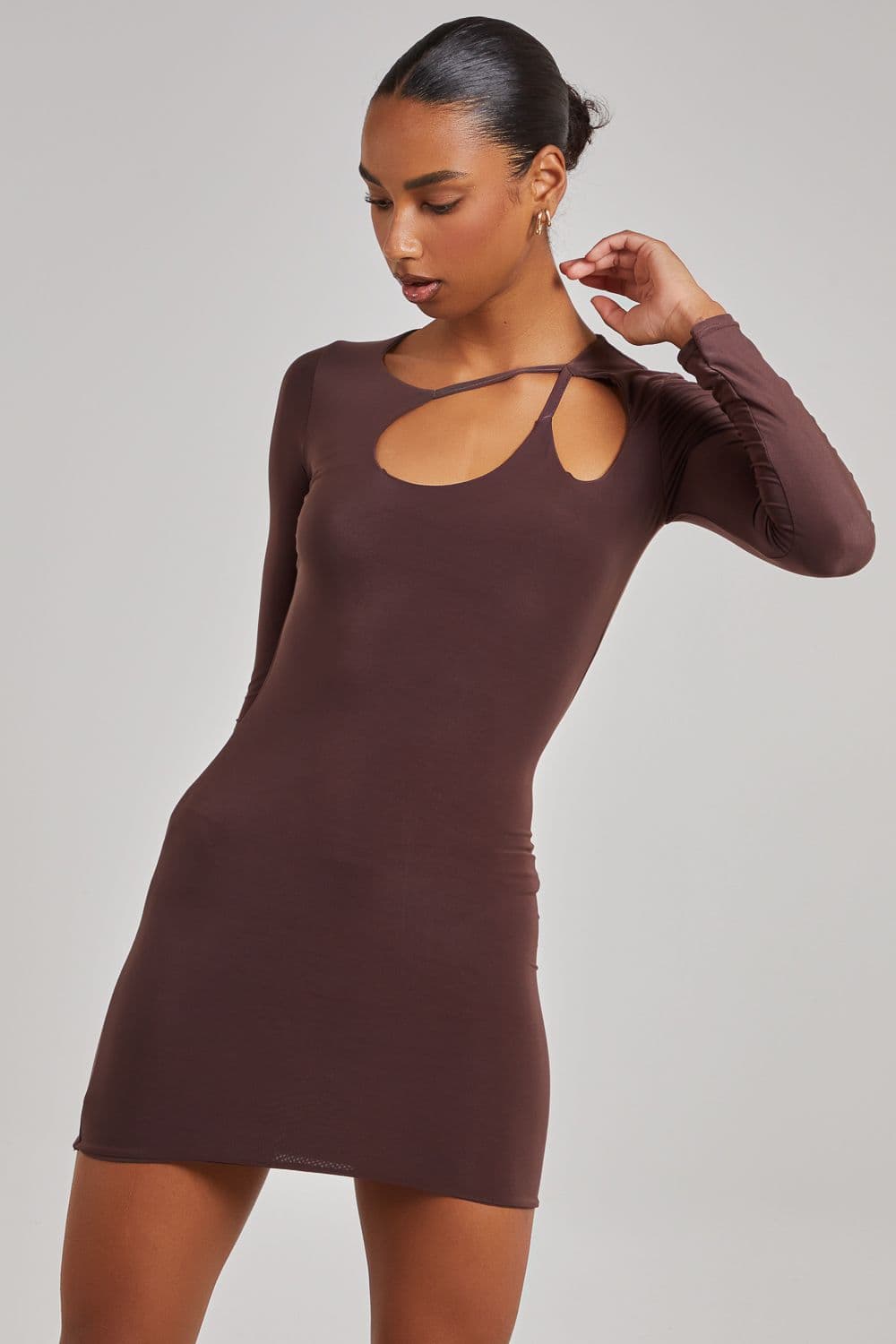 Pink Vanilla Women's Aysmmetric Cut Out Shoulder Dress in Chocolate