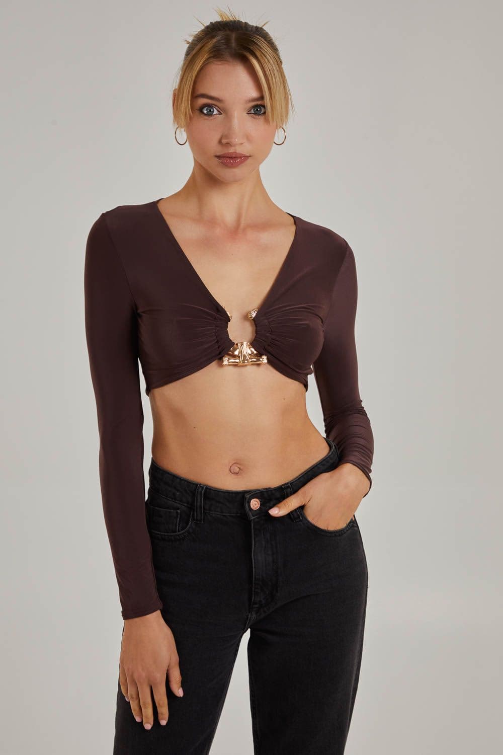 Pink Vanilla Women's Gold Trim Slinky Long Sleeve Top in Chocolate