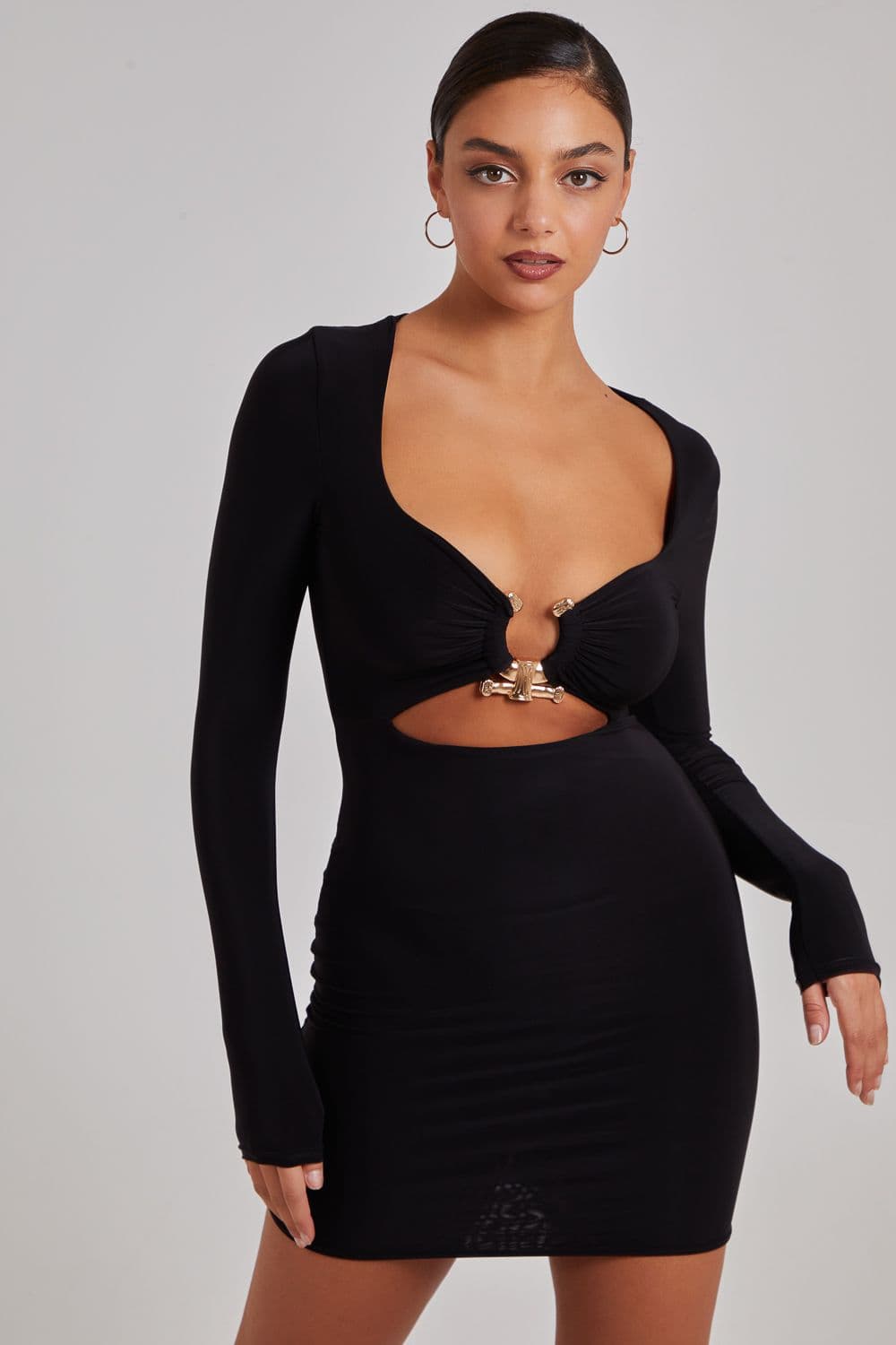 Pink Vanilla Women's Gold Trim Slinky Cut Out Dress in Black