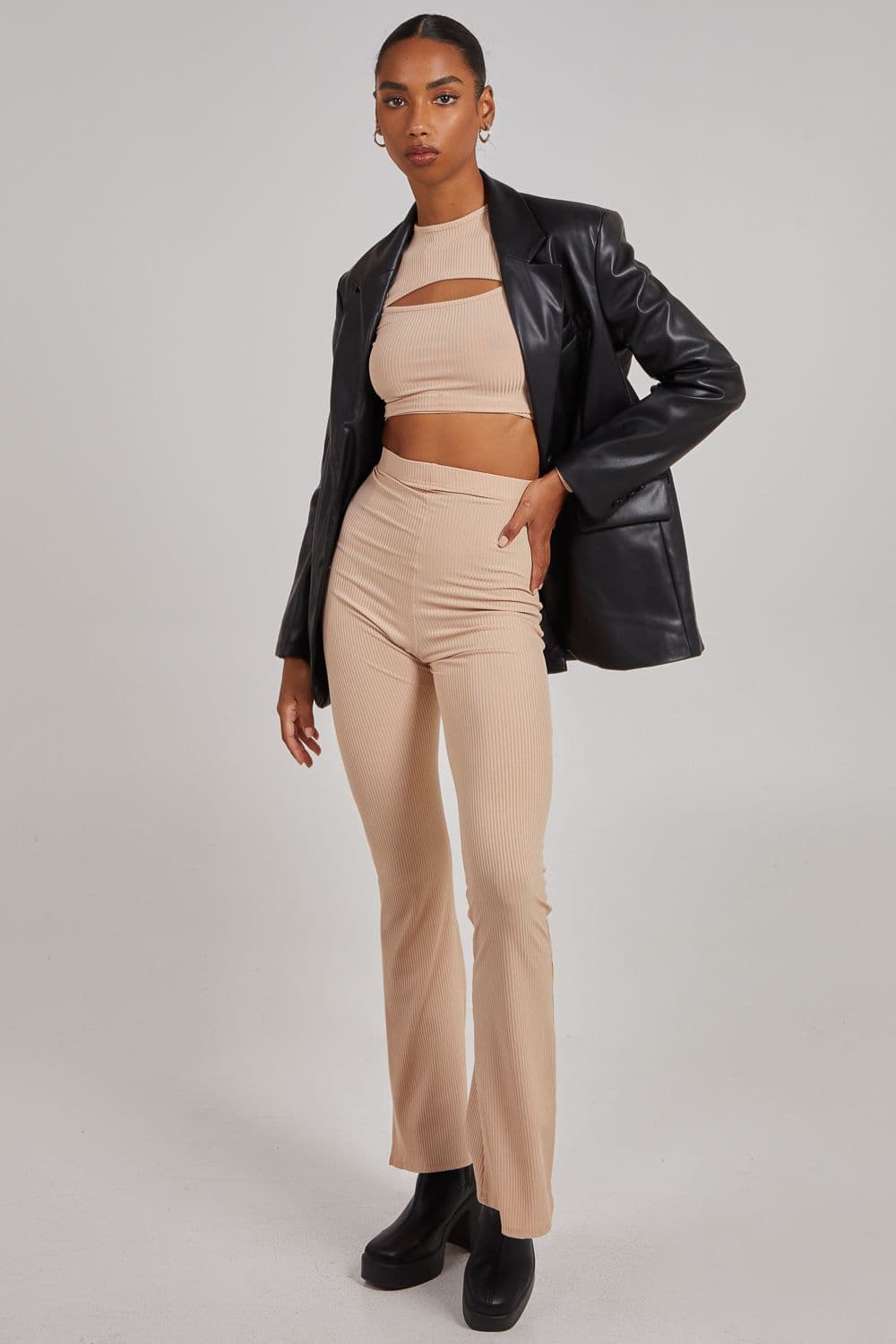 Pink Vanilla Women's Ribbed Flare Trousers in Stone