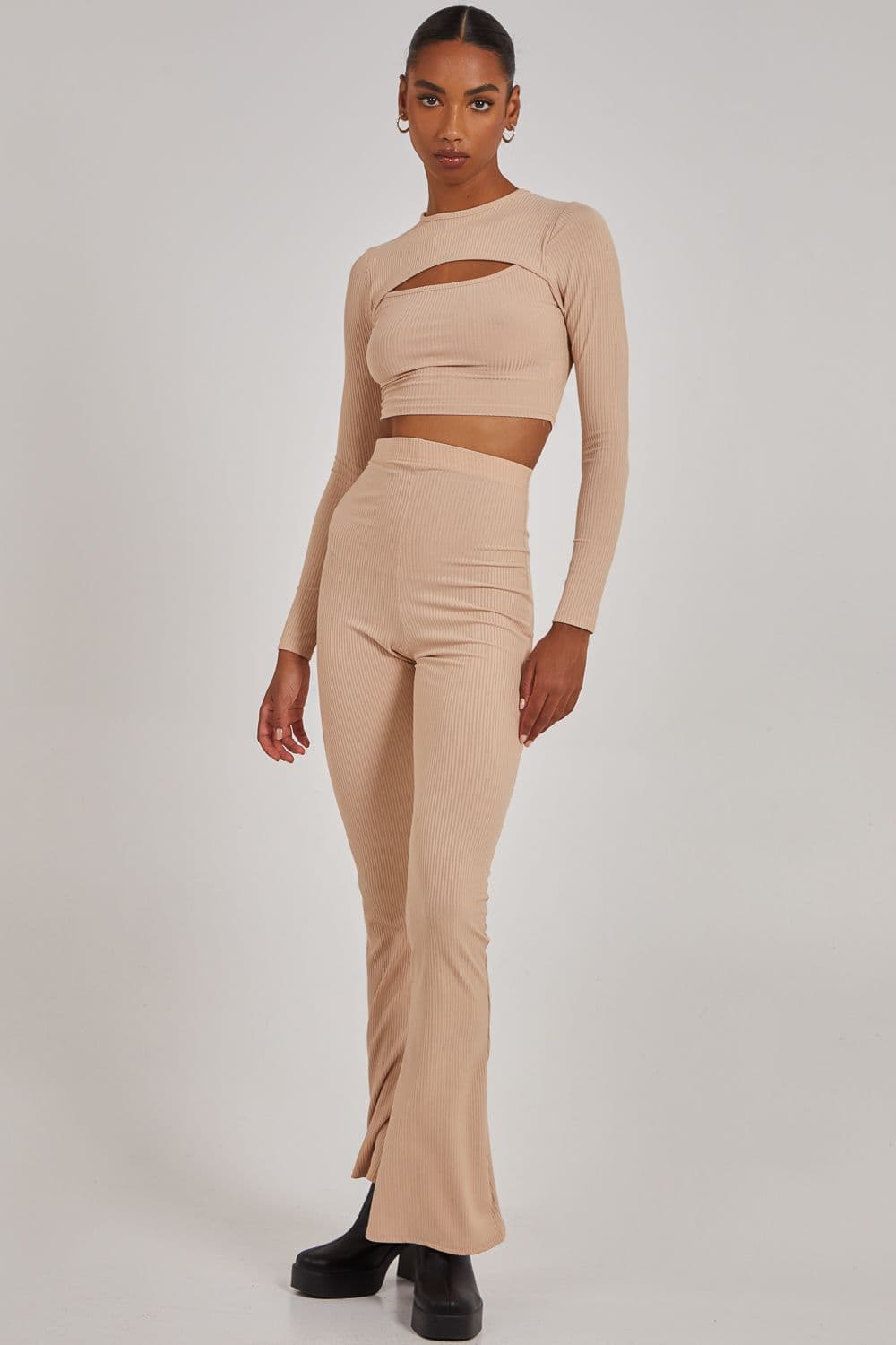 Pink Vanilla Women's Ribbed Long Sleeve Letterbox Top in Stone