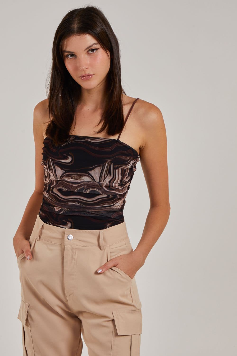 Pink Vanilla Women's Mesh Marble Ruched Cami Strap Bodysuit in Chocolate