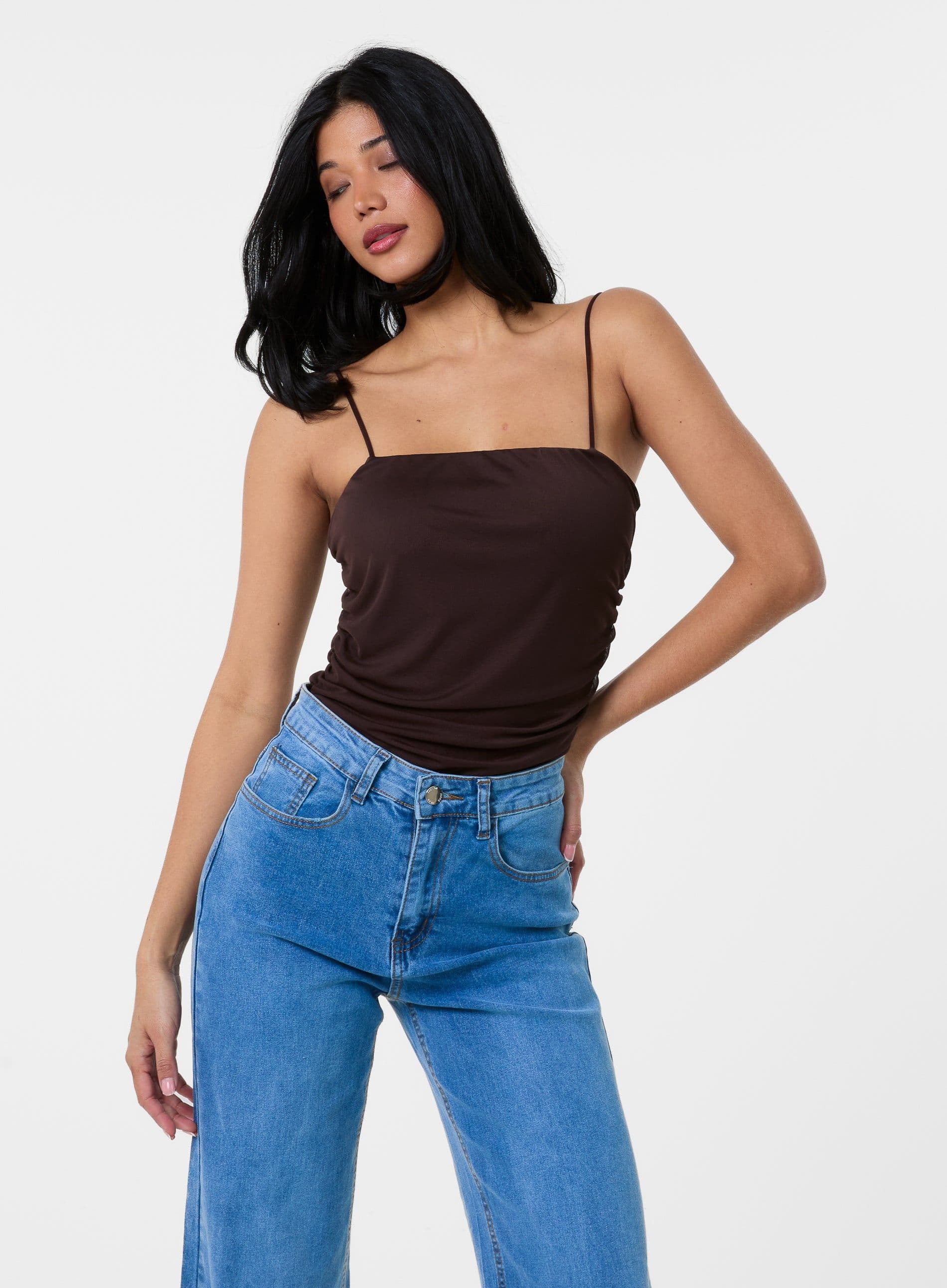 Pink Vanilla Women's Ruched Mesh Strappy Bodysuit in Chocolate