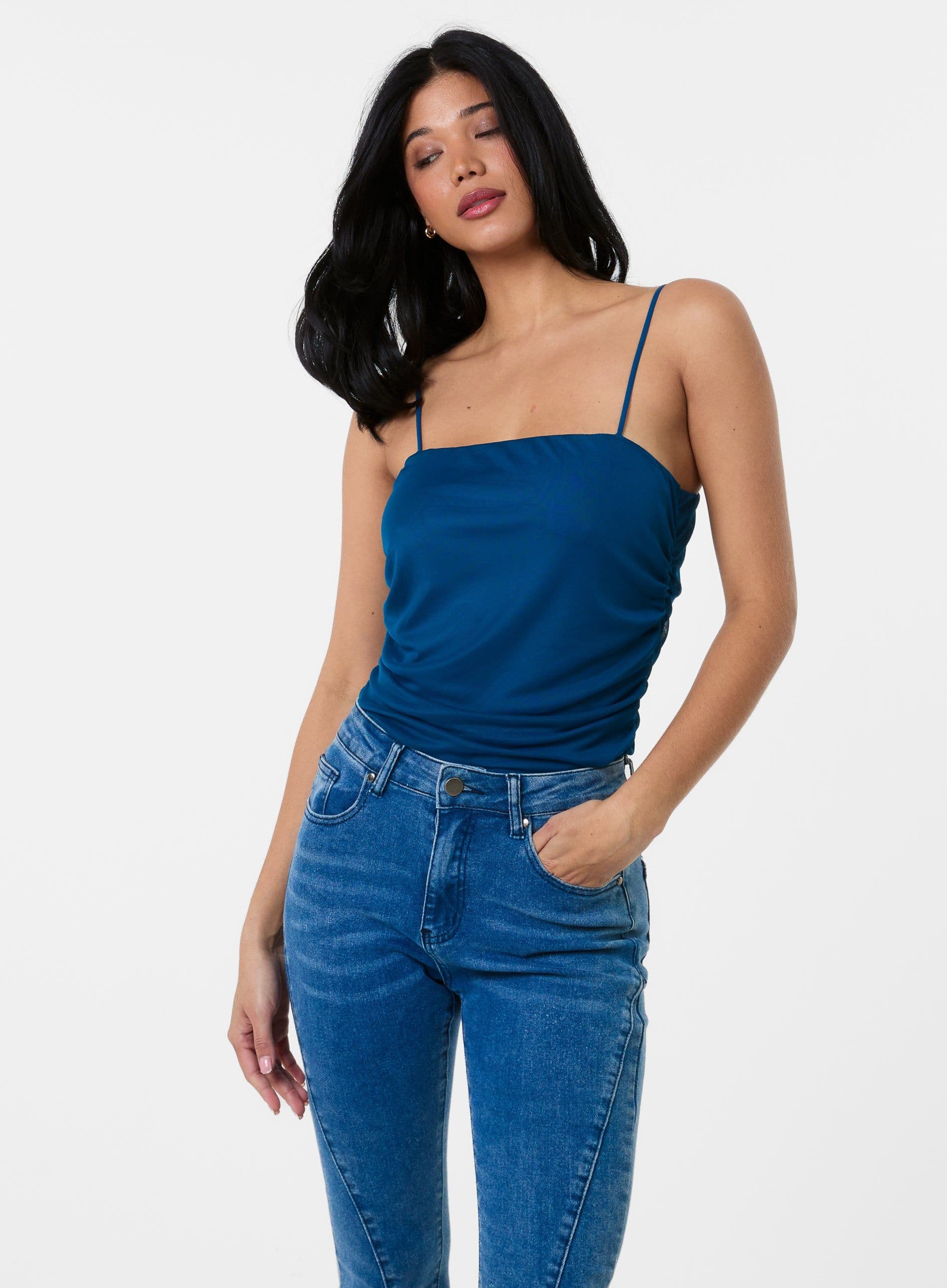 Pink Vanilla Women's Ruched Mesh Strappy Bodysuit in Teal