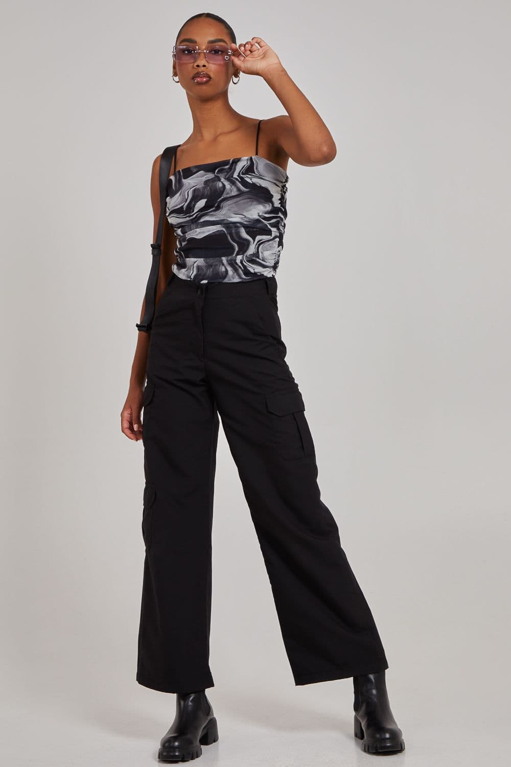 Pink Vanilla Women's Mesh Marble Ruched Cami Strap Bodysuit in Black