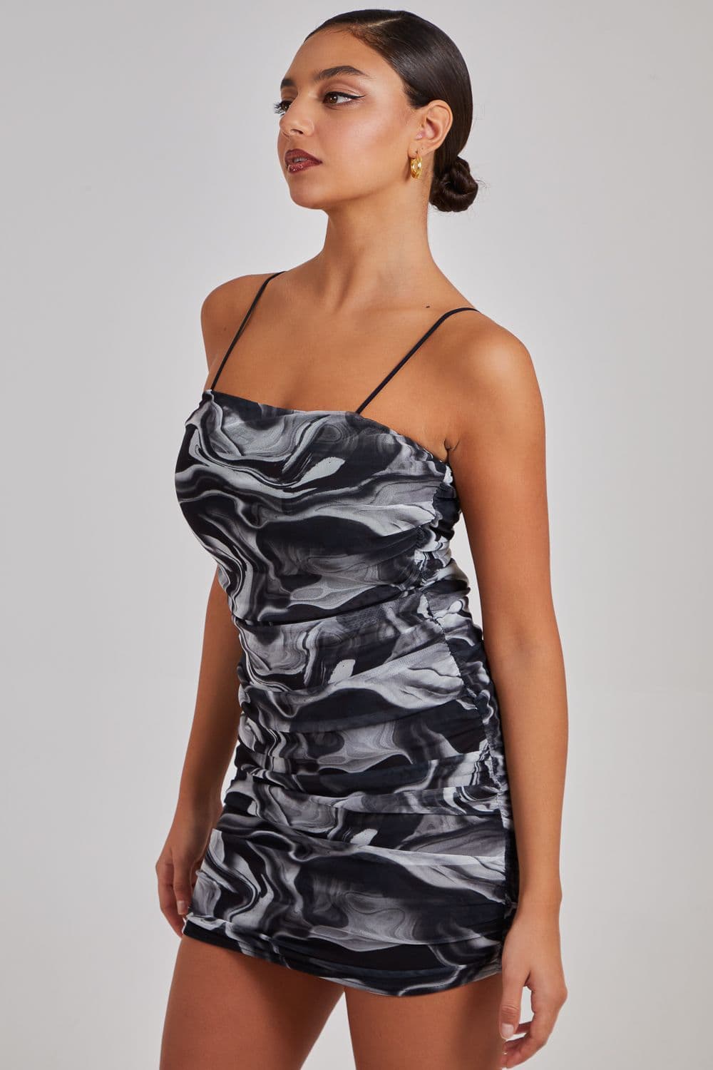 Pink Vanilla Women's Mesh Marble Ruched Cami Mini Dress in Black