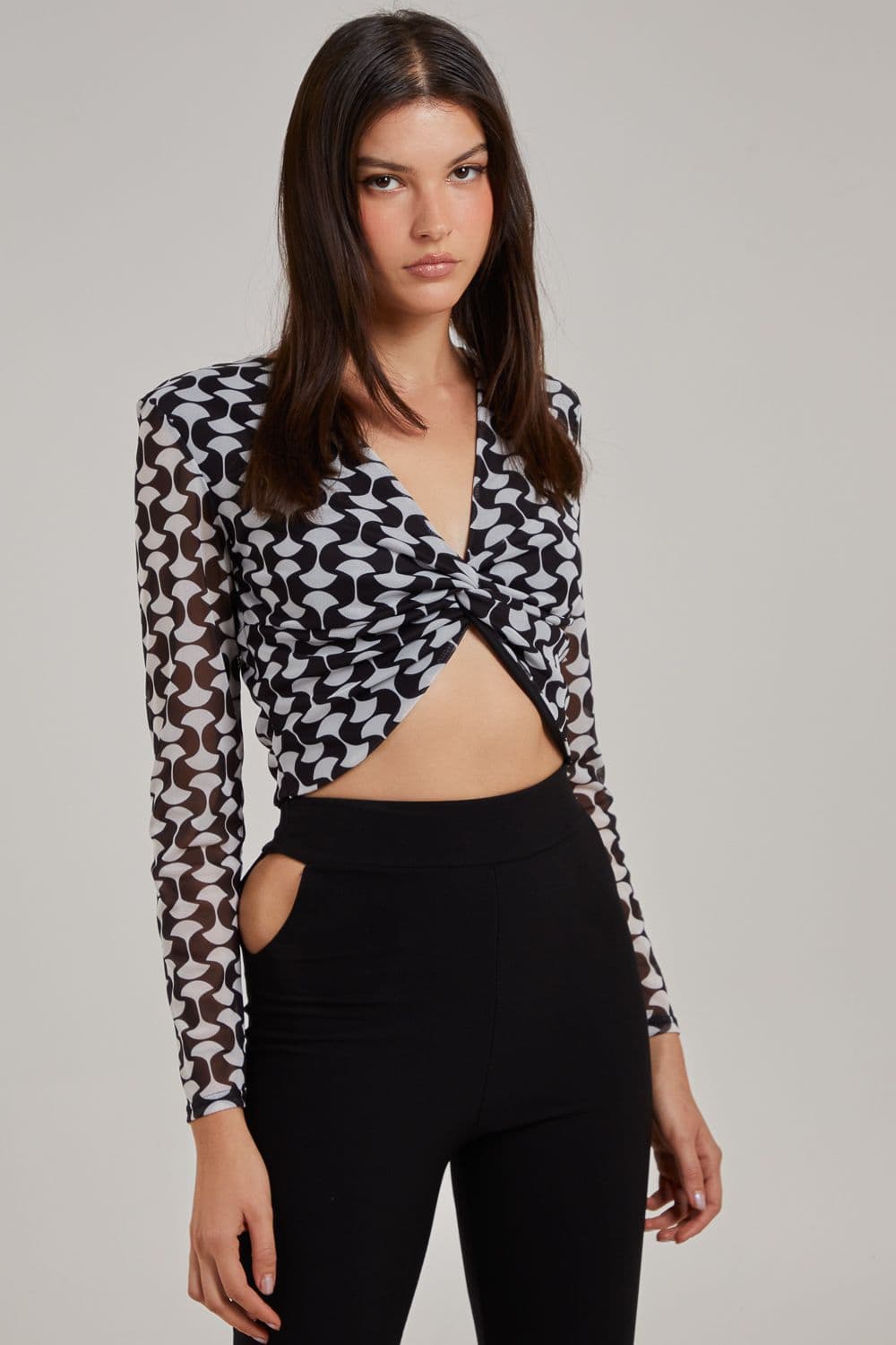 Pink Vanilla Women's Printed Long Sleeve Twist Front Top in Black
