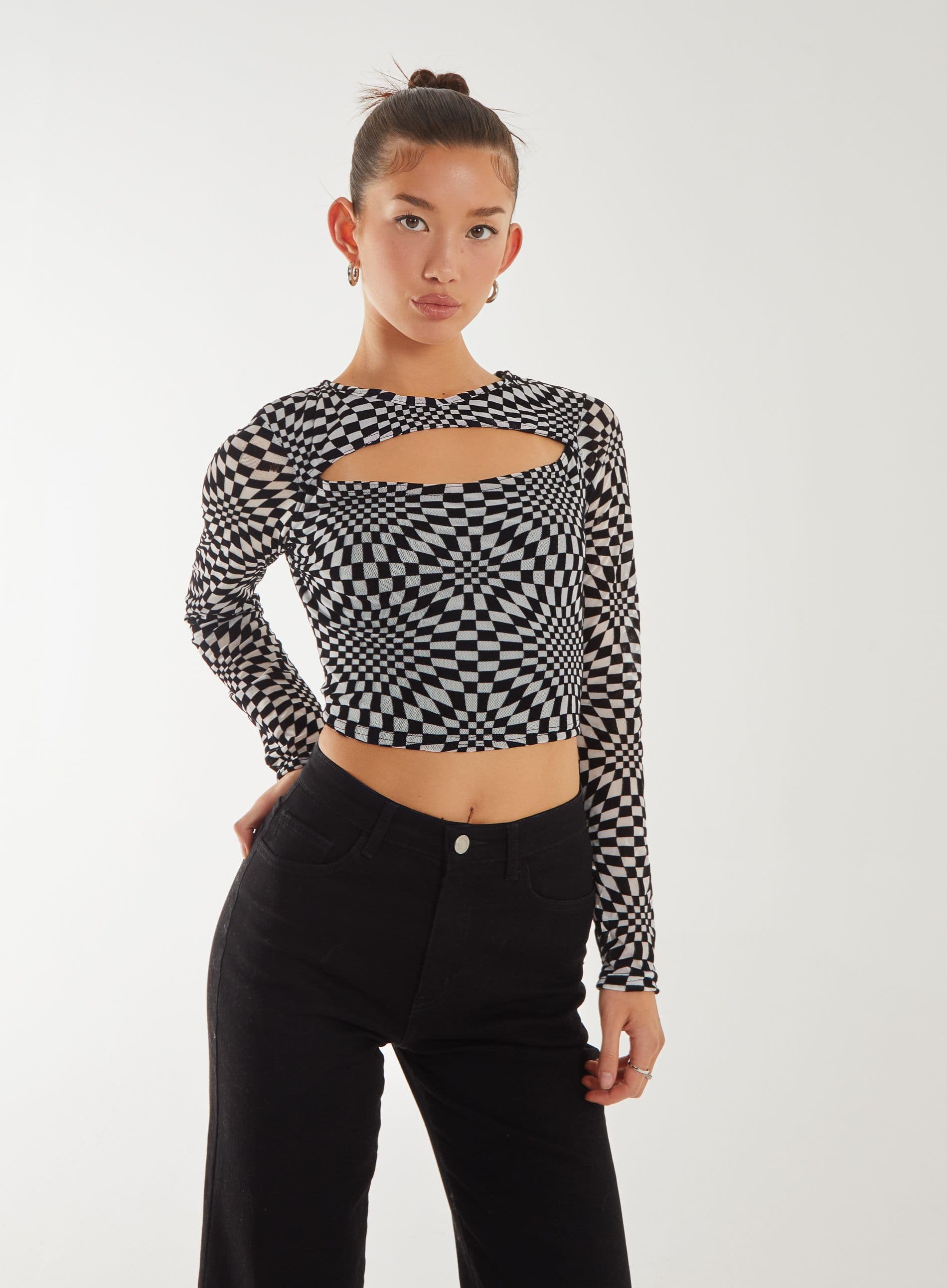 Pink Vanilla Women's Printed Letterbox Flock Top in Black