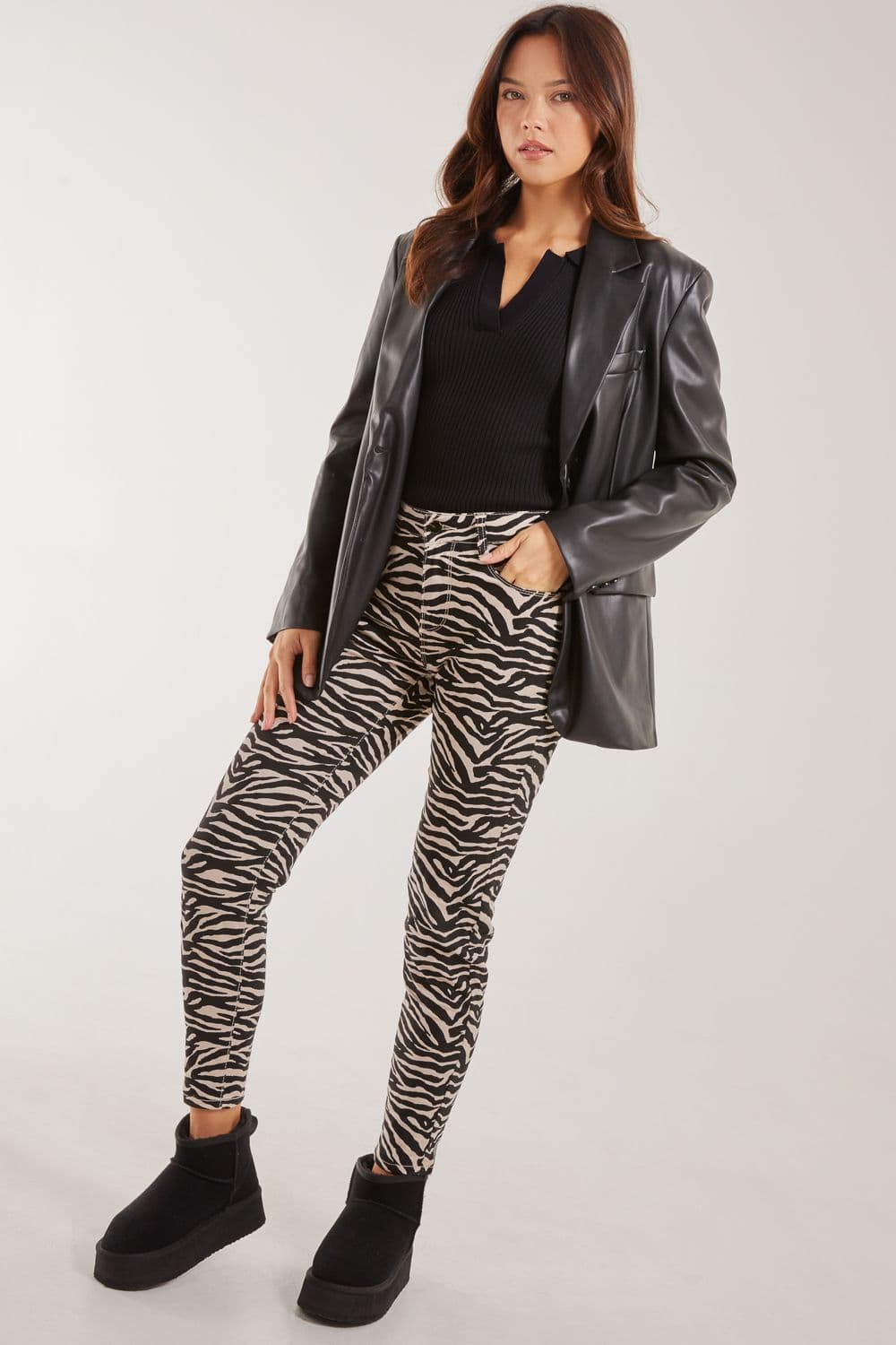 Pink Vanilla Women's Zebra Print Straight Jeans in Black