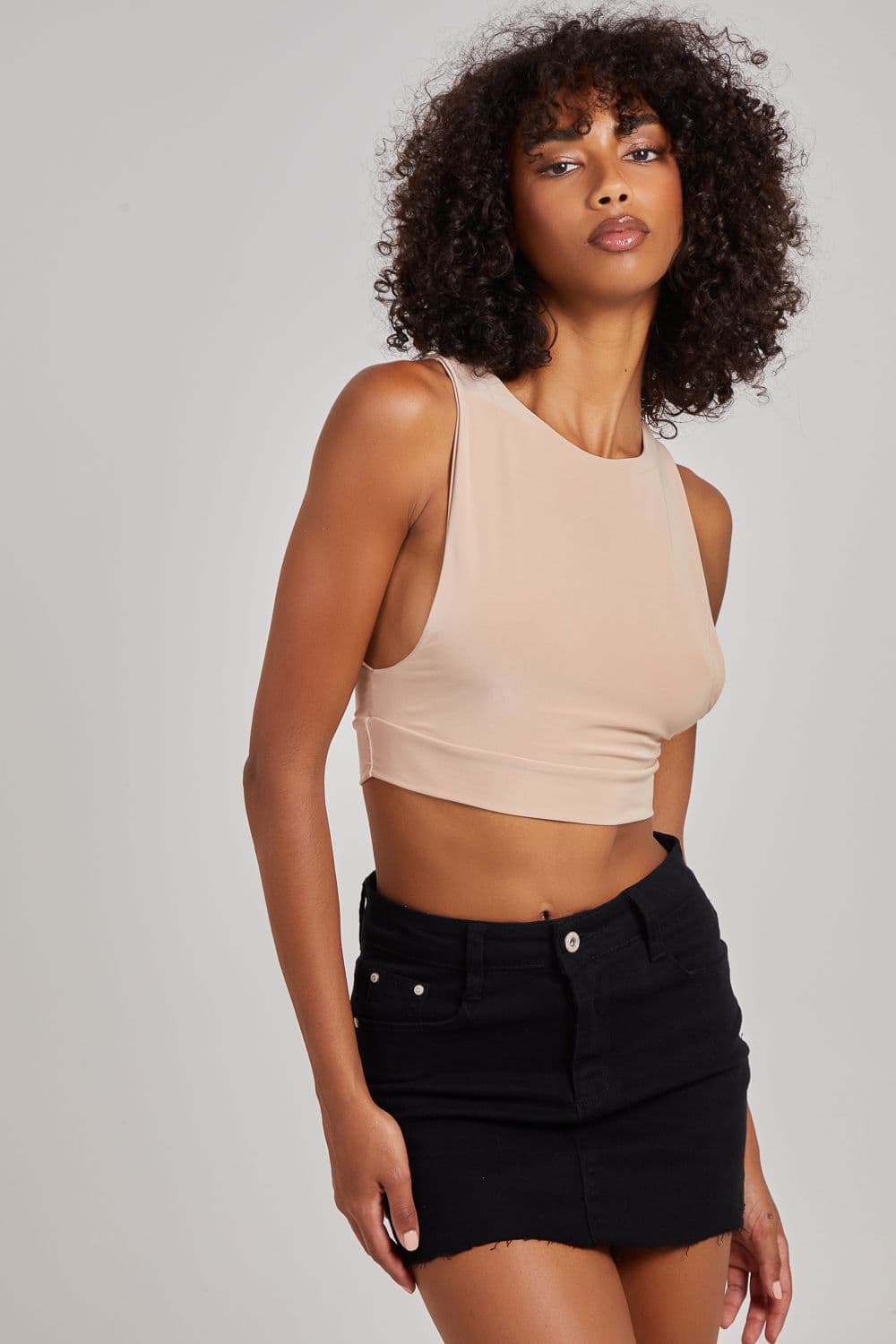 Pink Vanilla Women's Sleeveless Slinky Crop Top in Stone