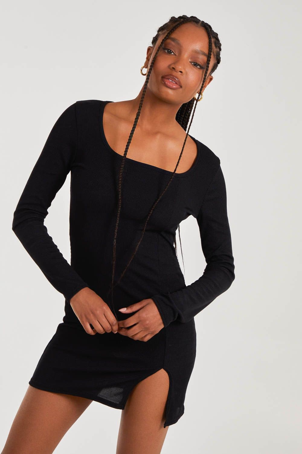 Pink Vanilla Women's Long Sleeve Ribbed Dress in Black