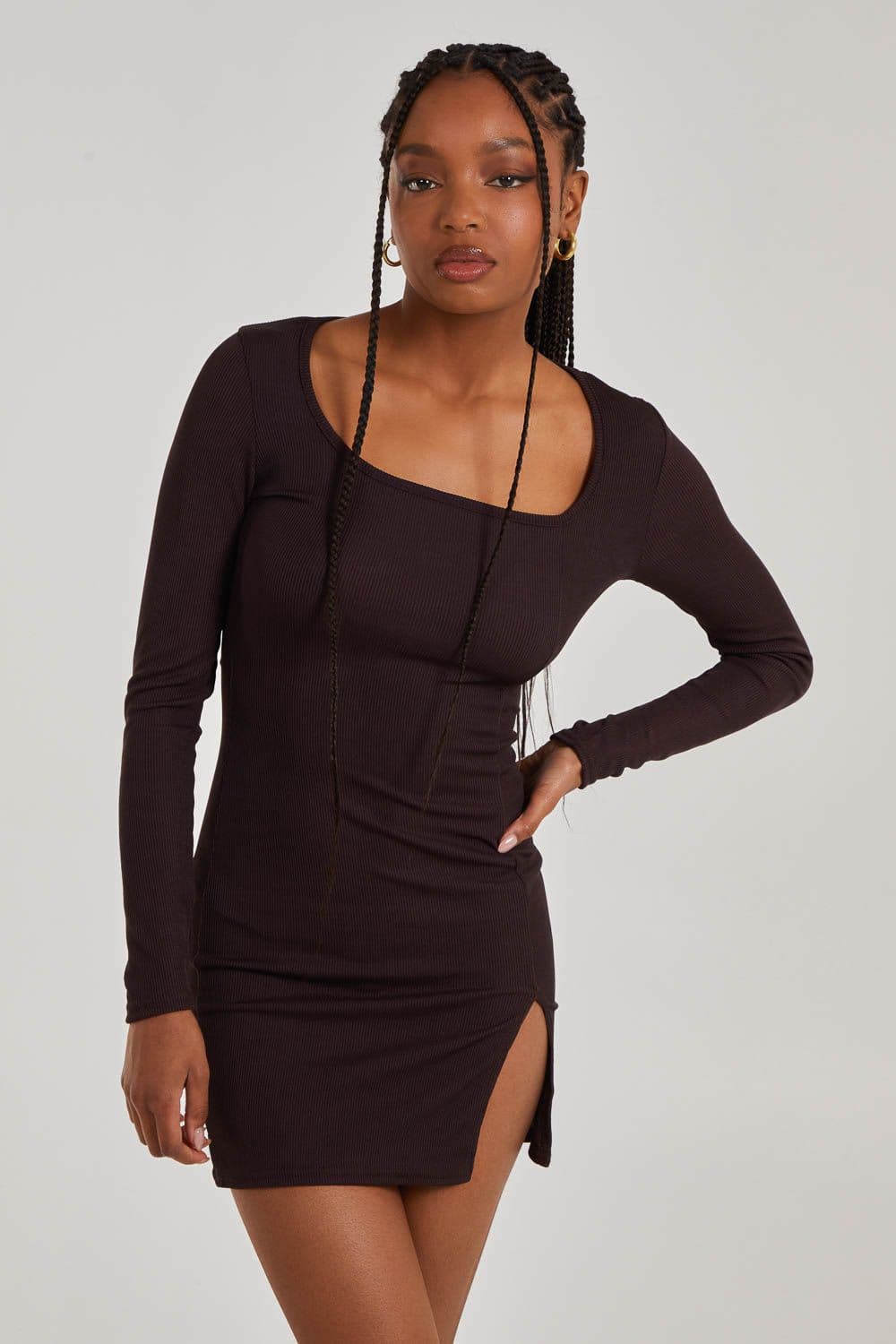 Pink Vanilla Women's Long Sleeve Ribbed Dress in Chocolate