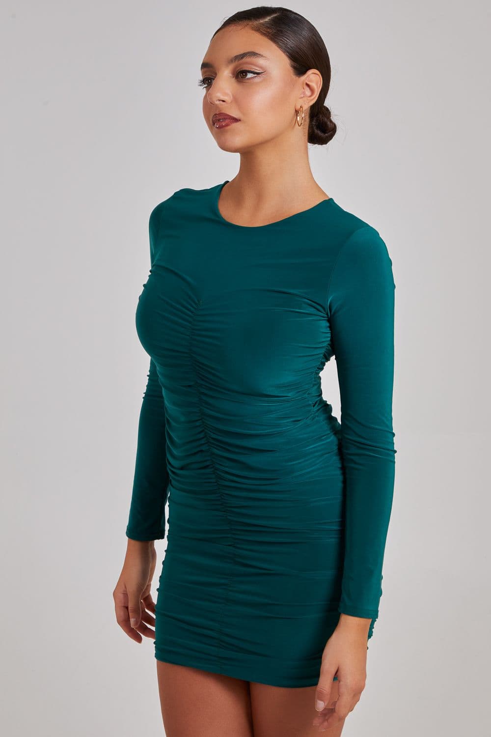 Pink Vanilla Women's Long Sleeve Ruched Dress in Bottle Green
