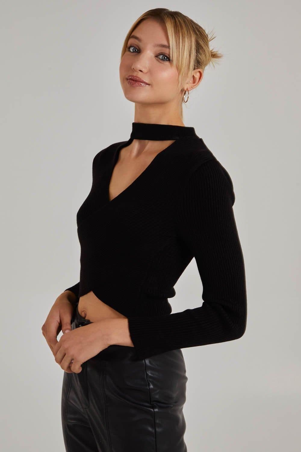 Pink Vanilla Women's Choker Twist Front Knit Top in Black