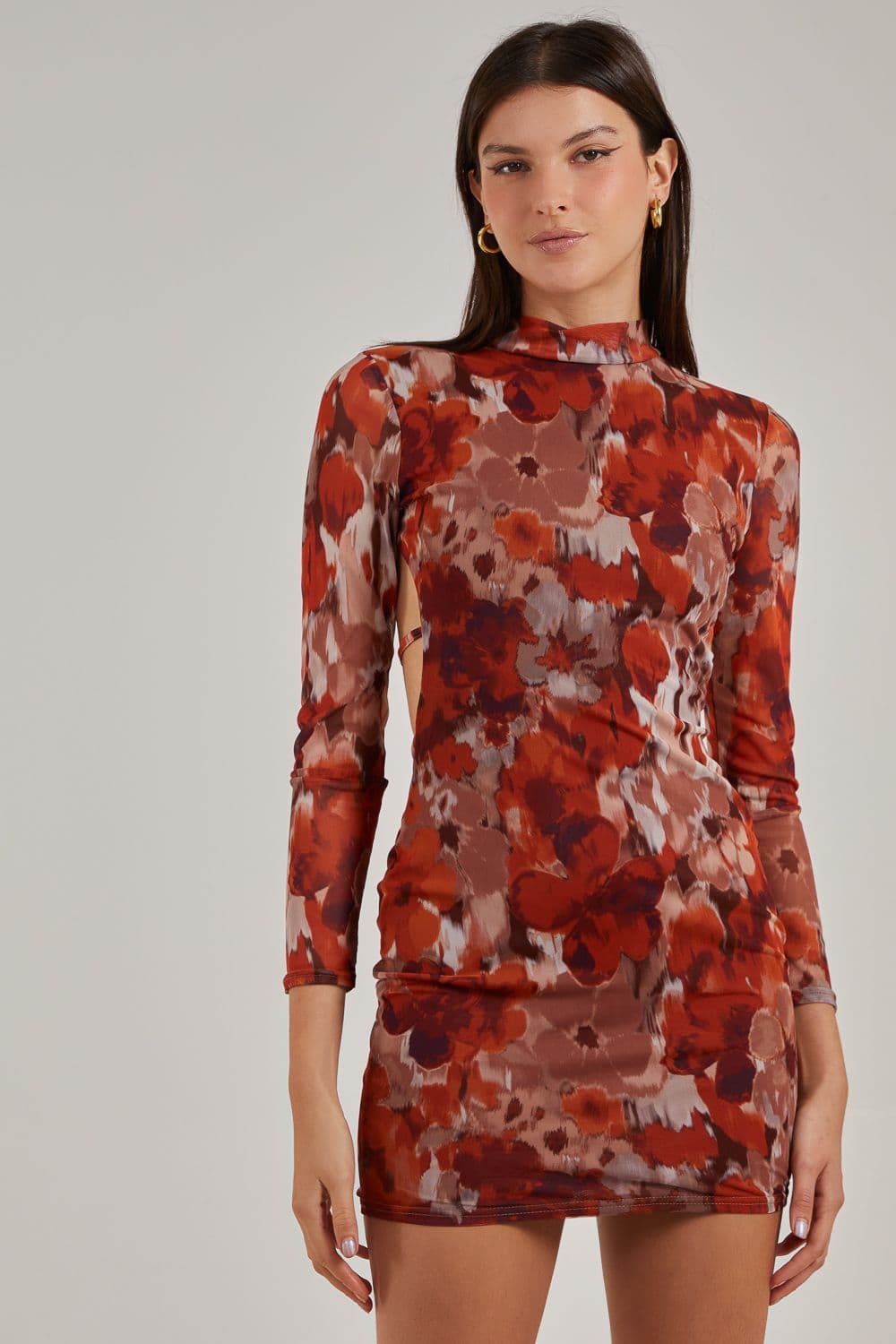 Pink Vanilla Women's Graphic Floral High Neck Dress in Red