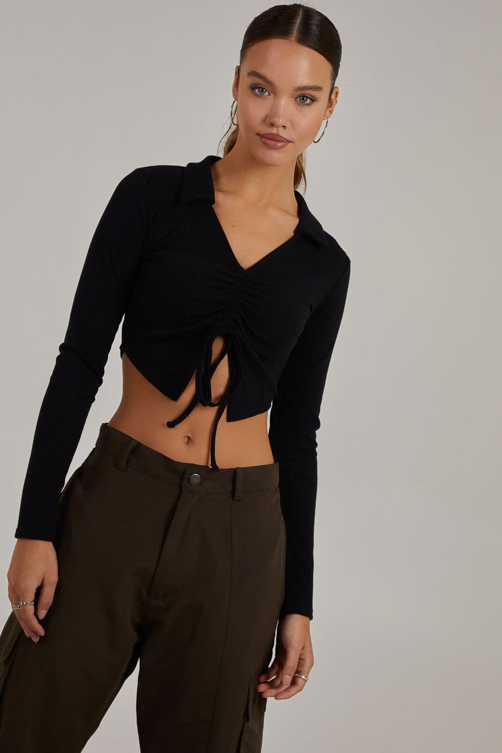 Pink Vanilla Women's Long Sleeve Gathered Rib Top in Black