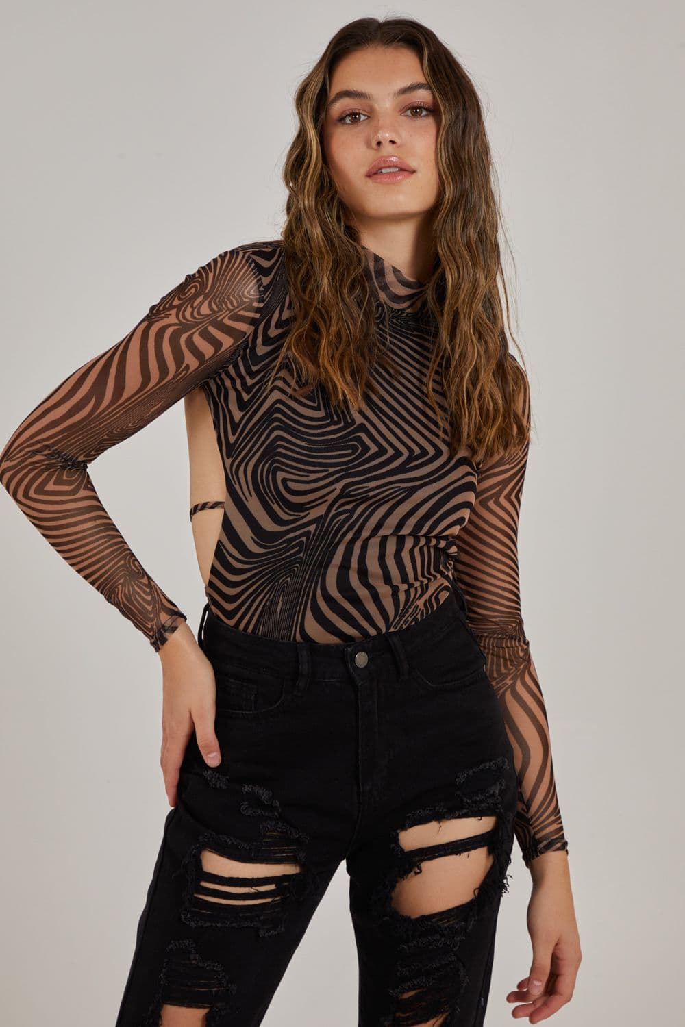 Pink Vanilla Women's Zebra Swirl Backless Bodysuit in Black