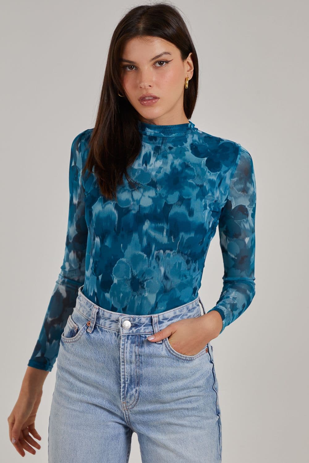 Pink Vanilla Women's Graphic Floral High Neck Bodysuit in Teal